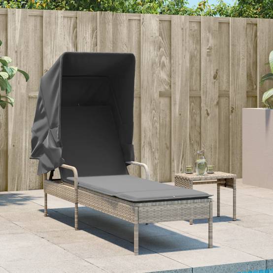 Chaise longue avec auvent résine tressée gris clair 62 x 200 x 130 cm - PANGIVO - Image 3