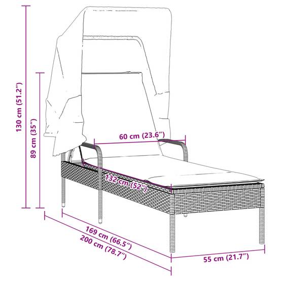 Chaise longue avec auvent résine tressée gris clair 62 x 200 x 130 cm - PANGIVO - Image 9
