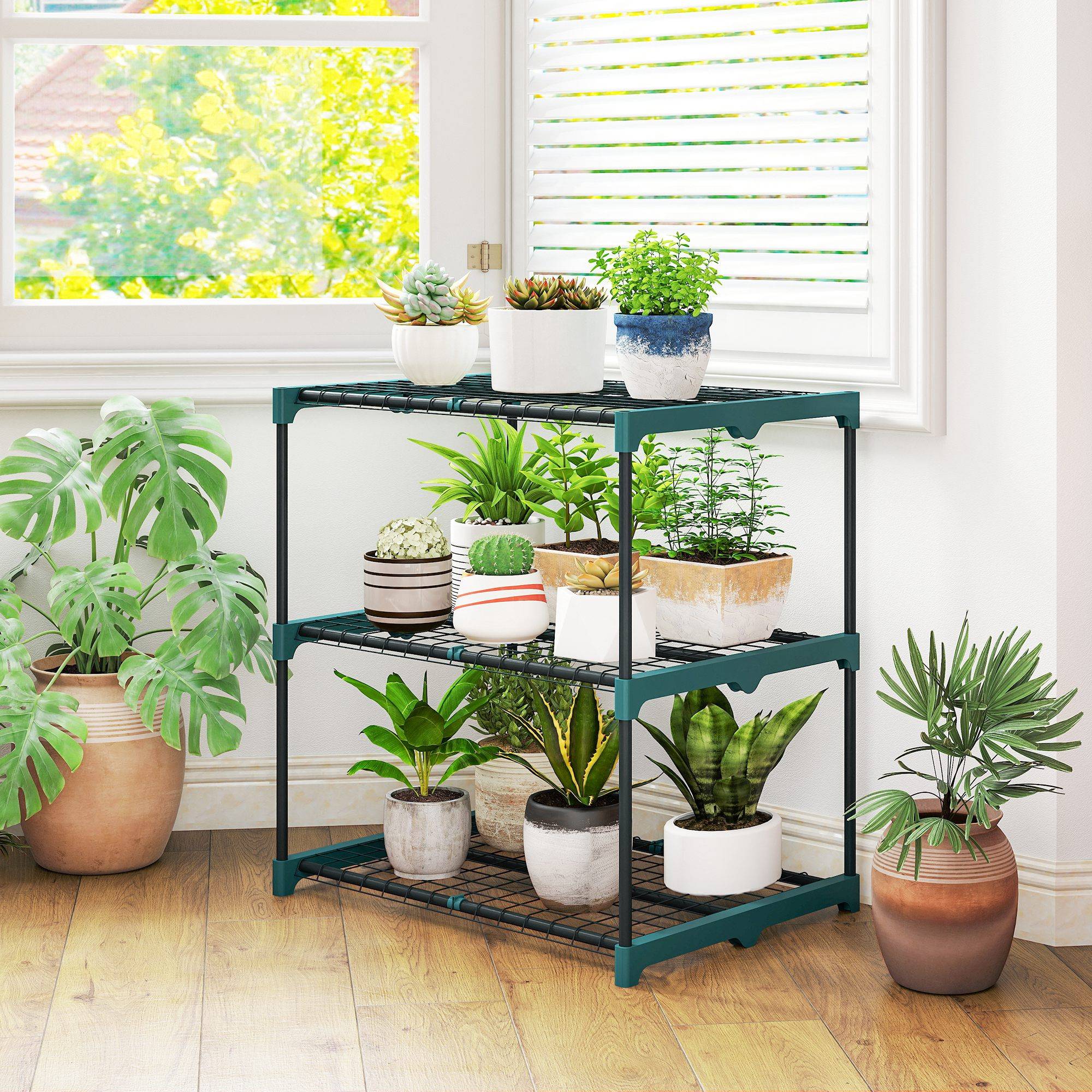 Support plantes 3 étages, 72 cm, intérieur/extérieur, étagère acier, vert foncé - Image 3