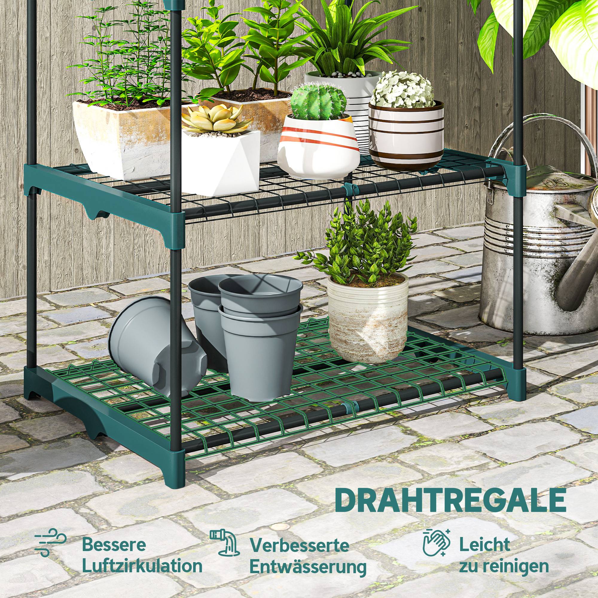 Support plantes 3 étages, 72 cm, intérieur/extérieur, étagère acier, vert foncé - Image 7