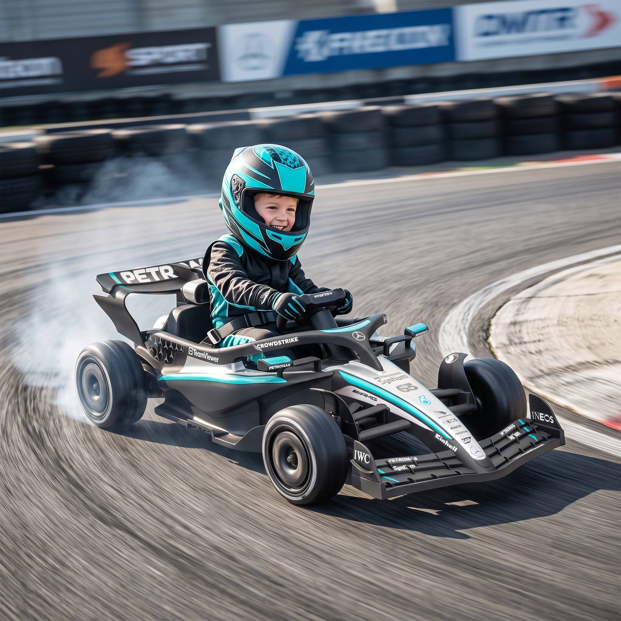Mercedes-AMG PETRONAS F1 12V kart électrique enfant, batterie lithium, 2 moteurs, démarrage doux - Image 4