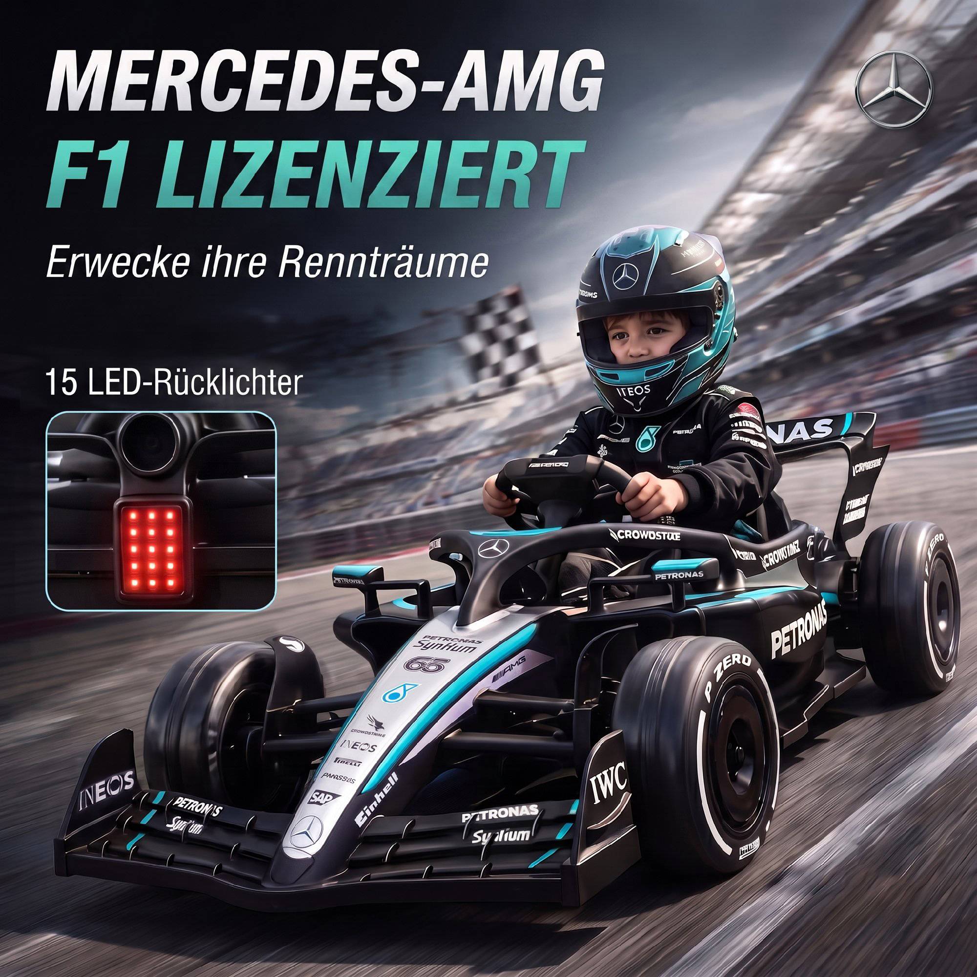 Mercedes-AMG PETRONAS F1 12V kart électrique enfant, batterie lithium, 2 moteurs, démarrage doux - Image 6