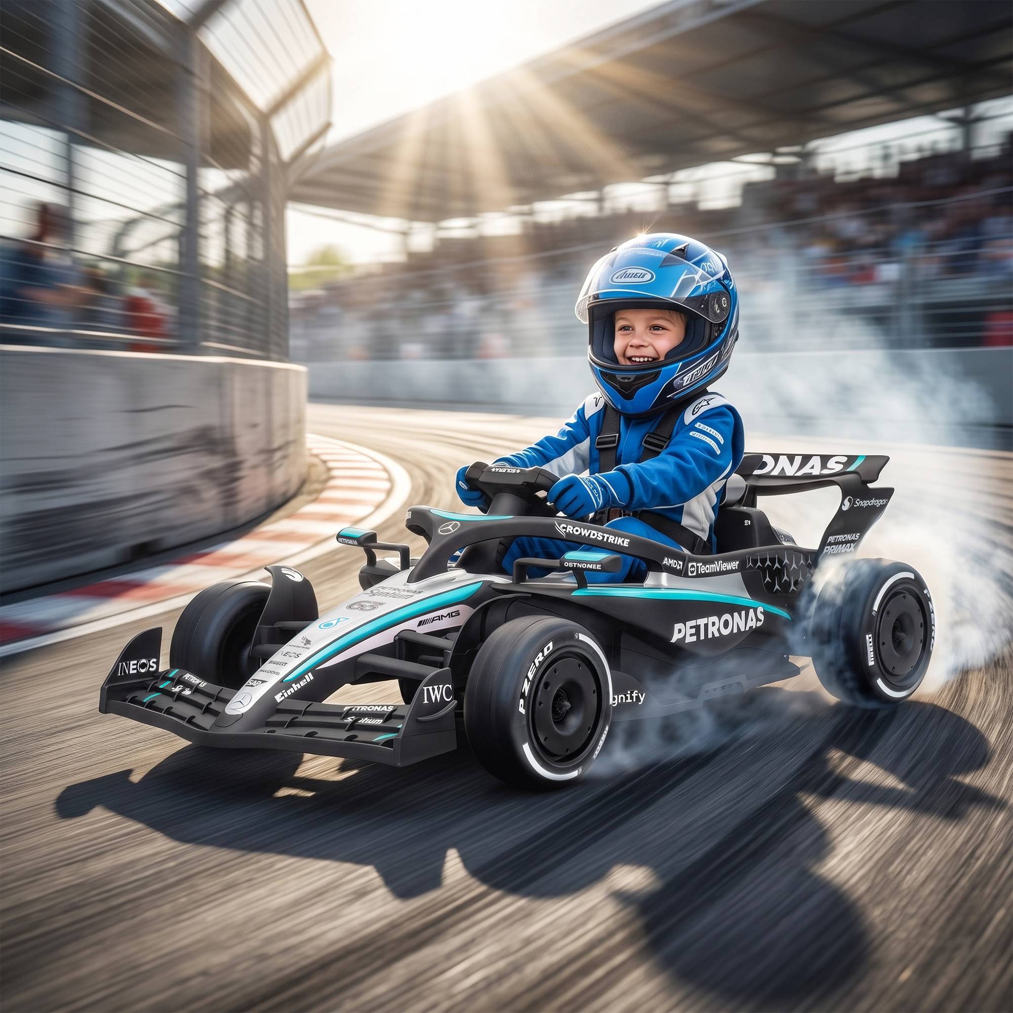 Mercedes-AMG PETRONAS F1 12V kart électrique enfant, batterie lithium, 2 moteurs, démarrage doux - Image 3