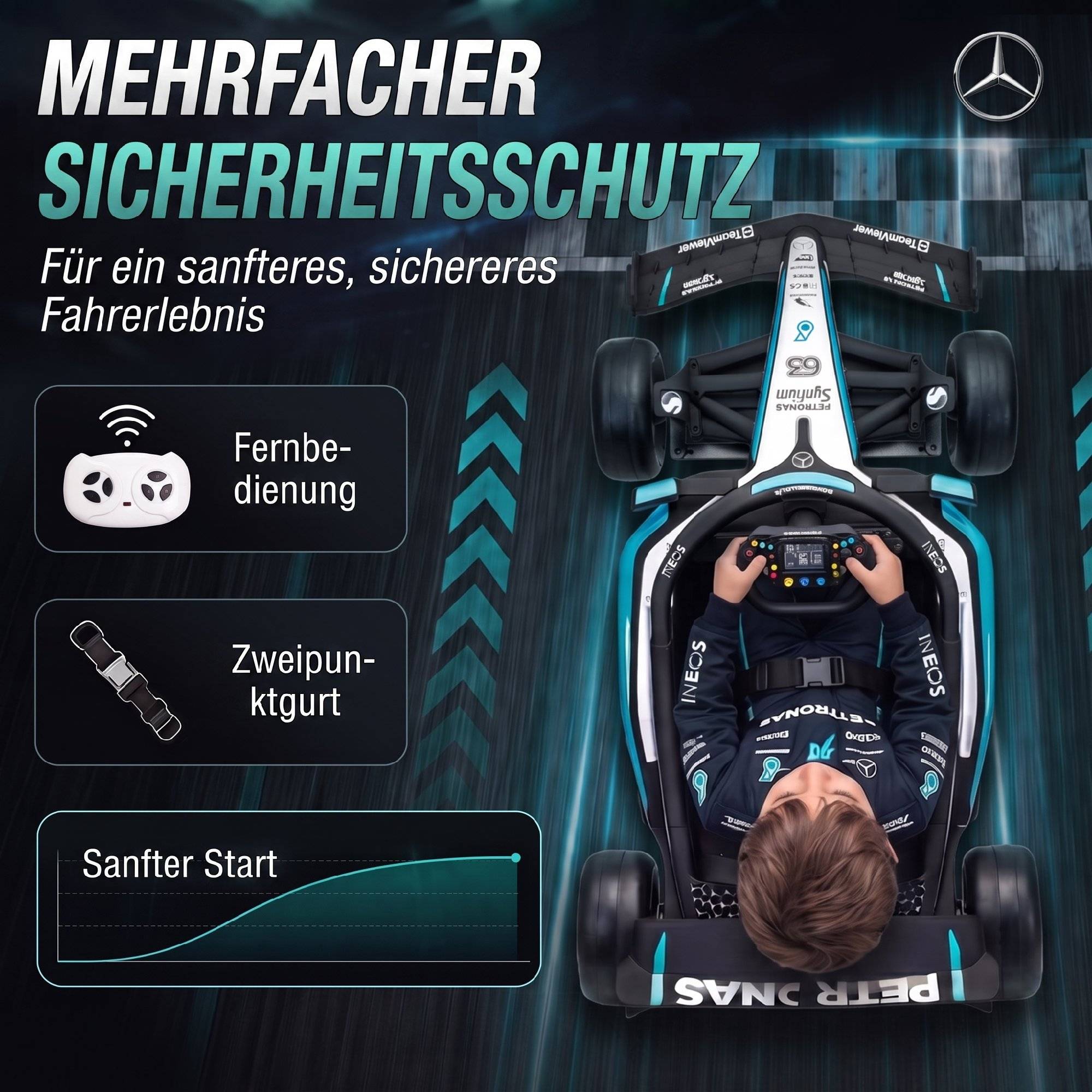 Mercedes-AMG PETRONAS F1 12V kart électrique enfant, batterie lithium, 2 moteurs, démarrage doux - Image 9
