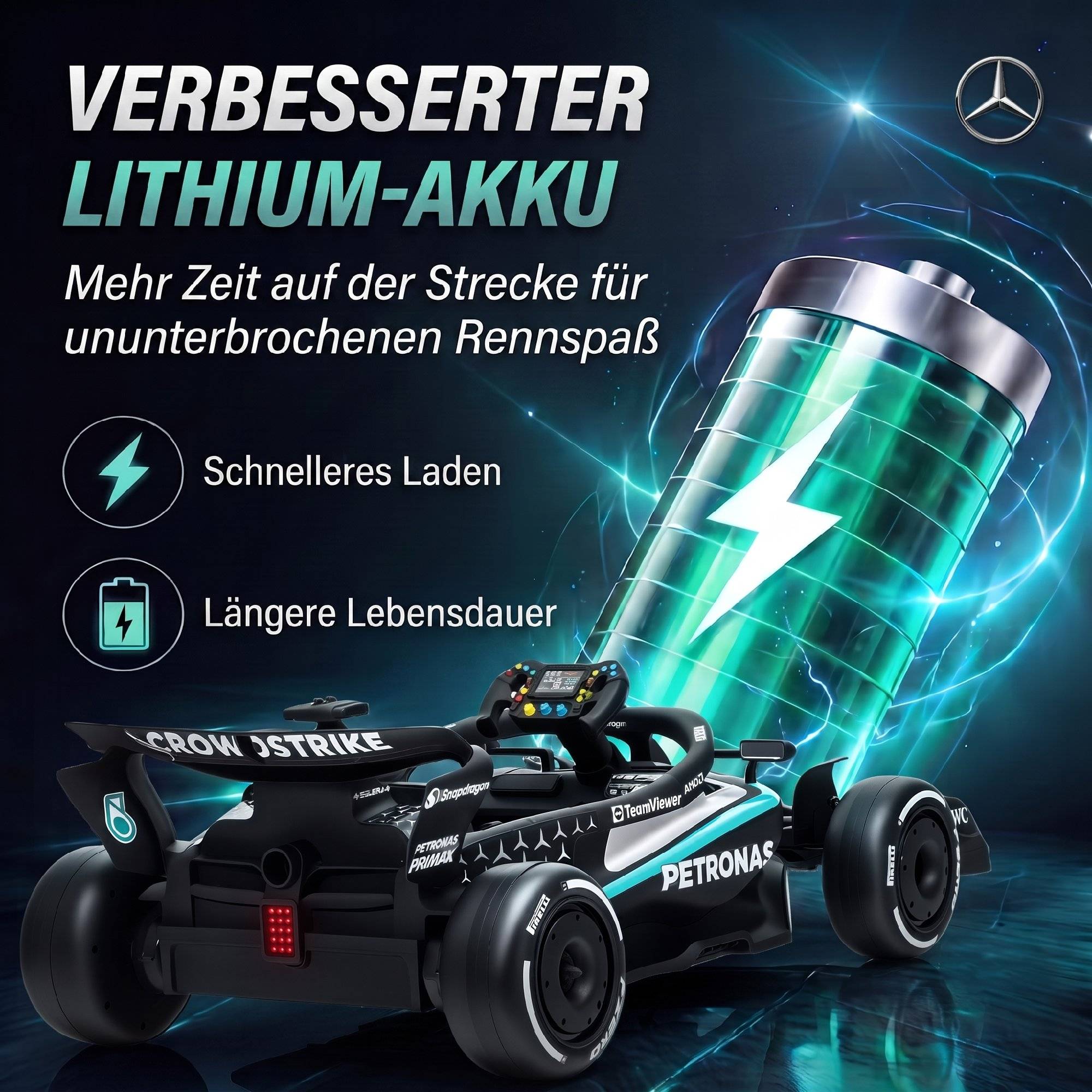 Mercedes-AMG PETRONAS F1 12V kart électrique enfant, batterie lithium, 2 moteurs, démarrage doux - Image 7