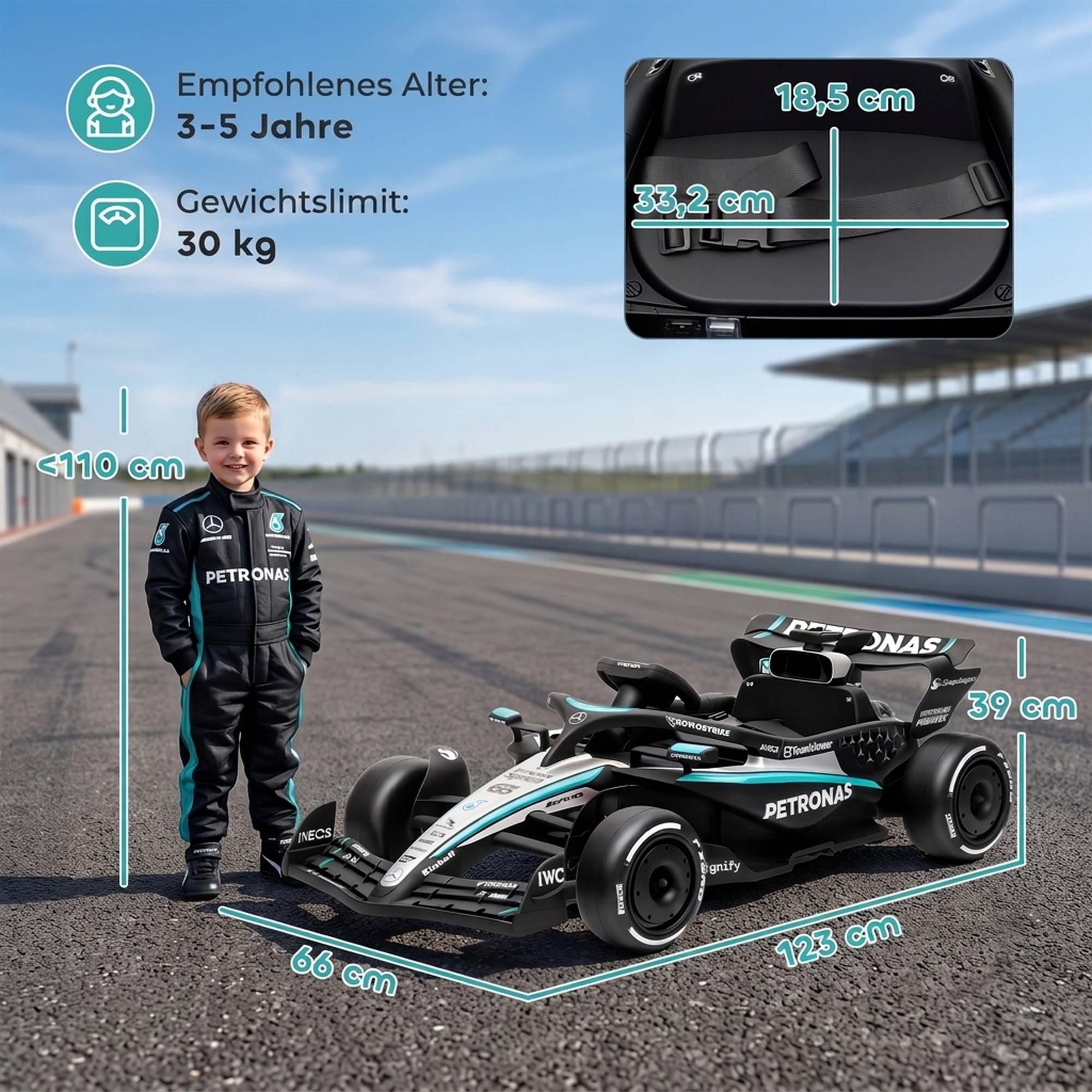 Mercedes-AMG PETRONAS F1 12V kart électrique enfant, batterie lithium, 2 moteurs, démarrage doux - Image 5