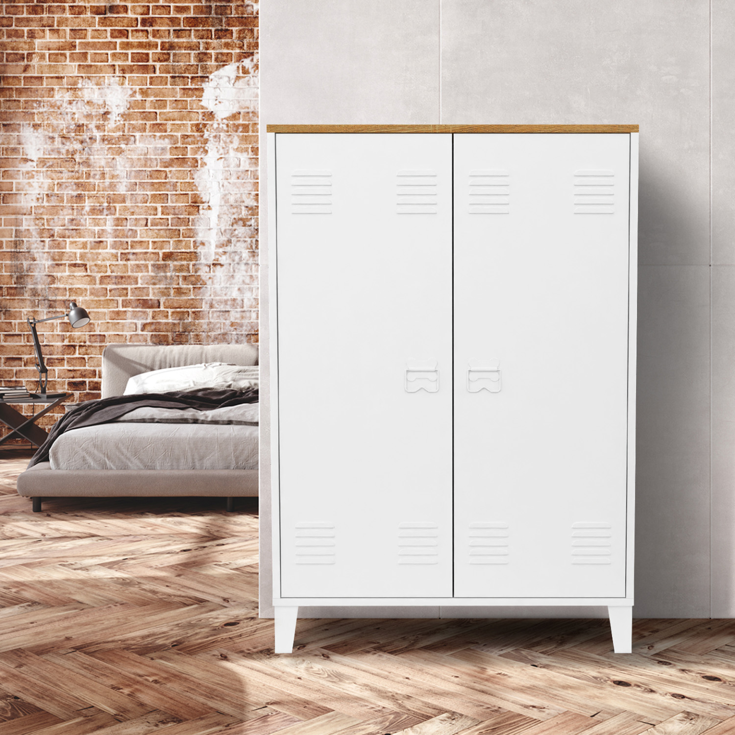Armoire basse ESTER 2 portes métal blanc et plateau bois design industriel - Image 1