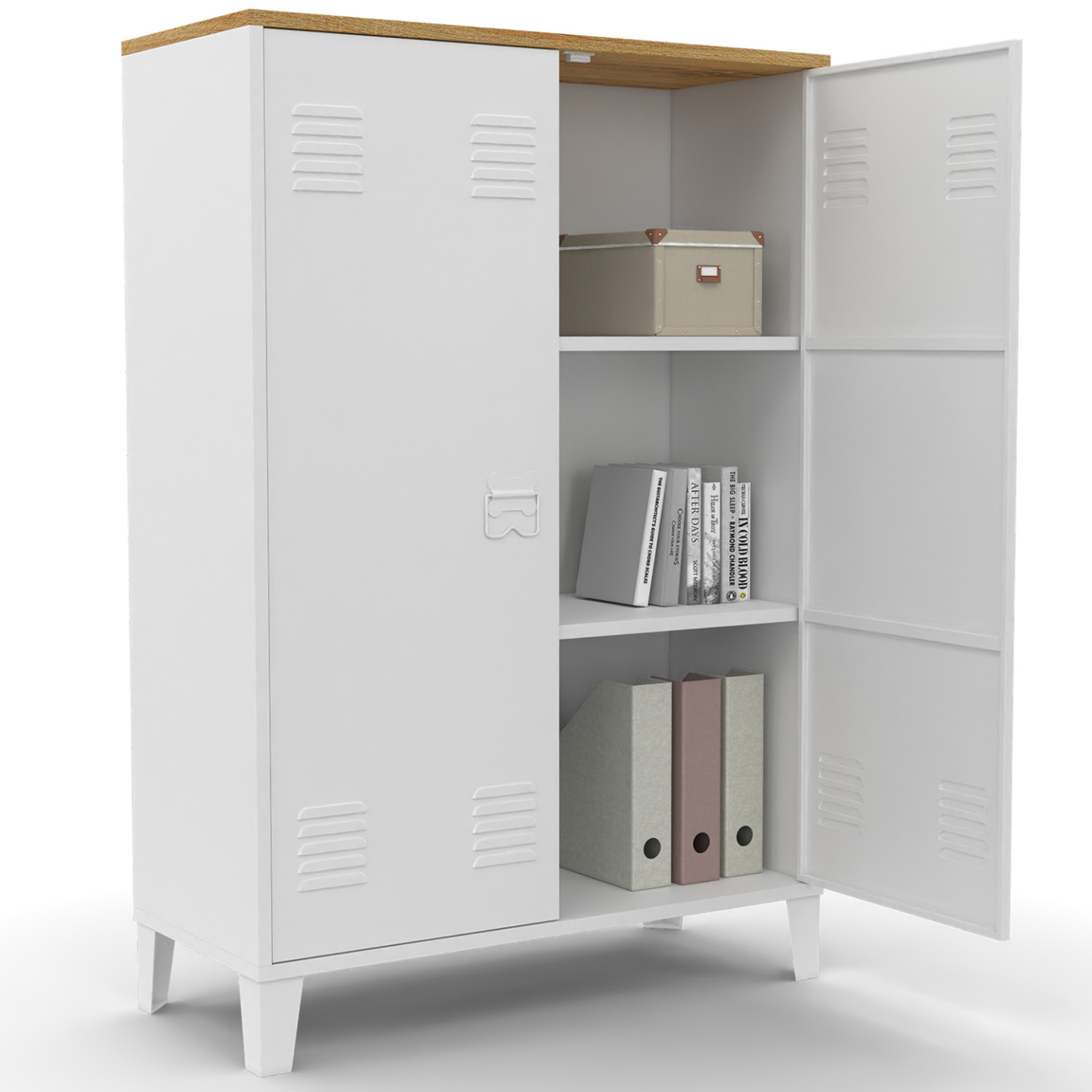 Armoire basse ESTER 2 portes métal blanc et plateau bois design industriel - Image 2