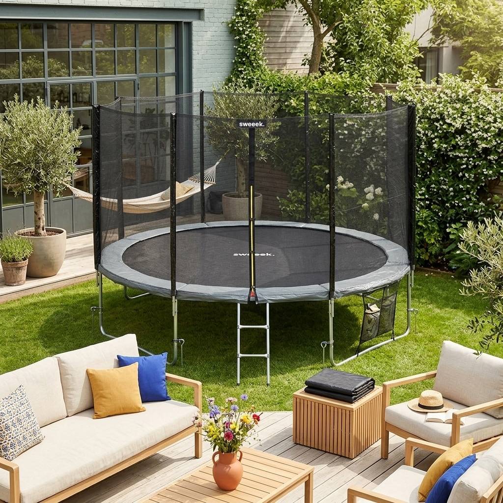 sweeek - Trampoline 430cm gris avec filet de protection.  échelle. bâche. filet pour chaussures. kit d'ancrage - Vénus XXL- Trampoline de jardin 430 | sweeek - Image 1