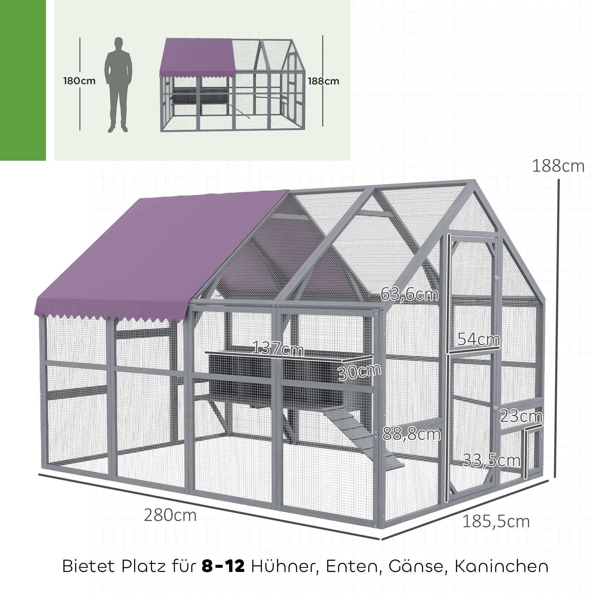 Poulailler cabane accessible, résistant aux intempéries, 280 x 185,5 x 188 cm, gris - Image 5