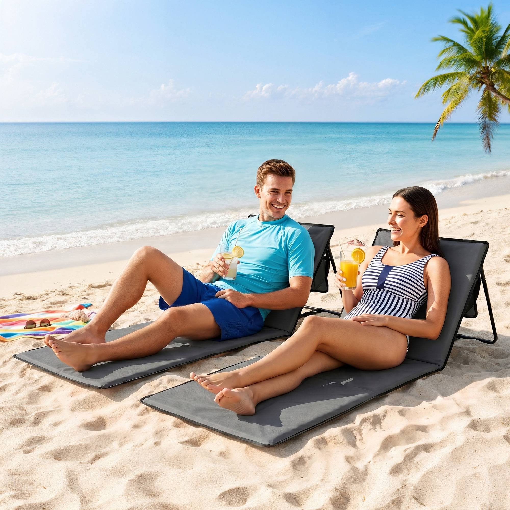 Lot de 2 tapis de plage pliables avec dossier inclinable et sangle de transport, 142 x 51 x 40 cm, gris - Image 4