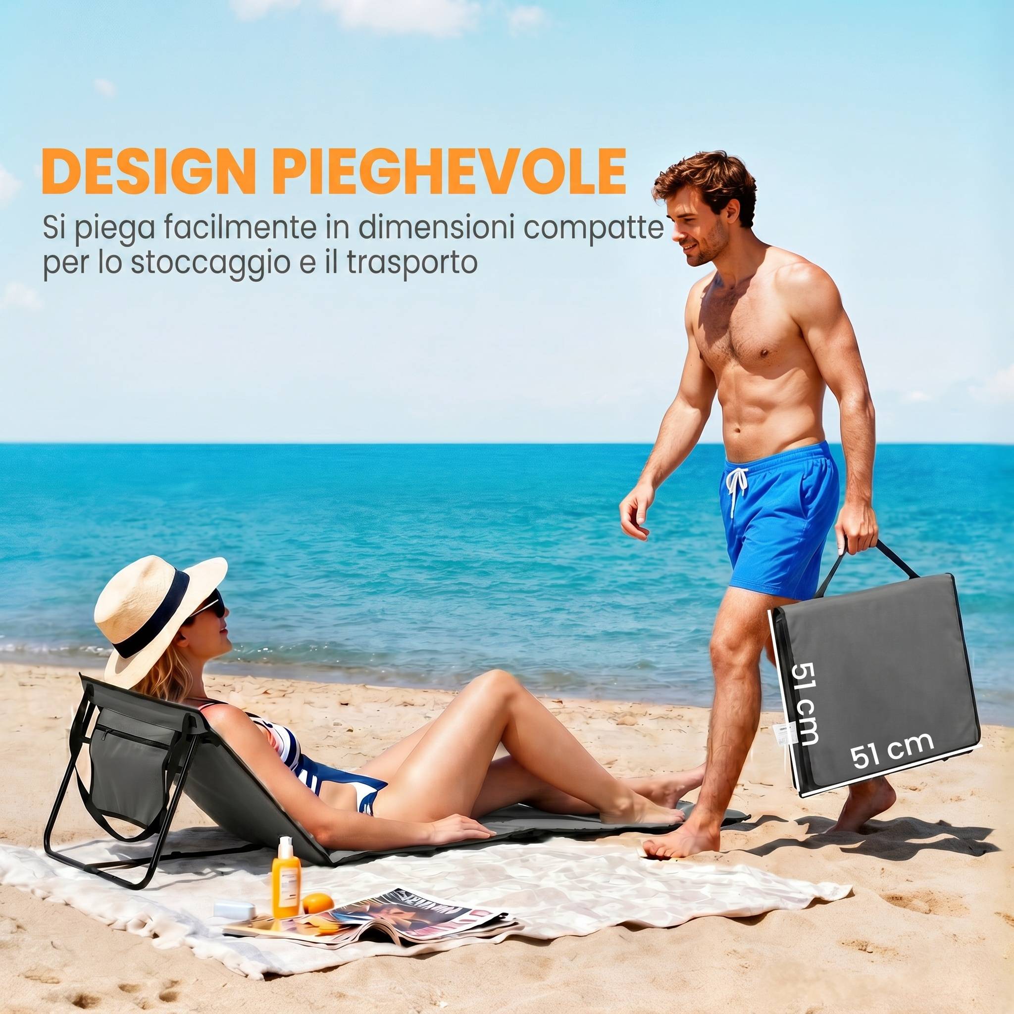 Lot de 2 tapis de plage pliables avec dossier inclinable et sangle de transport, 142 x 51 x 40 cm, gris - Image 8