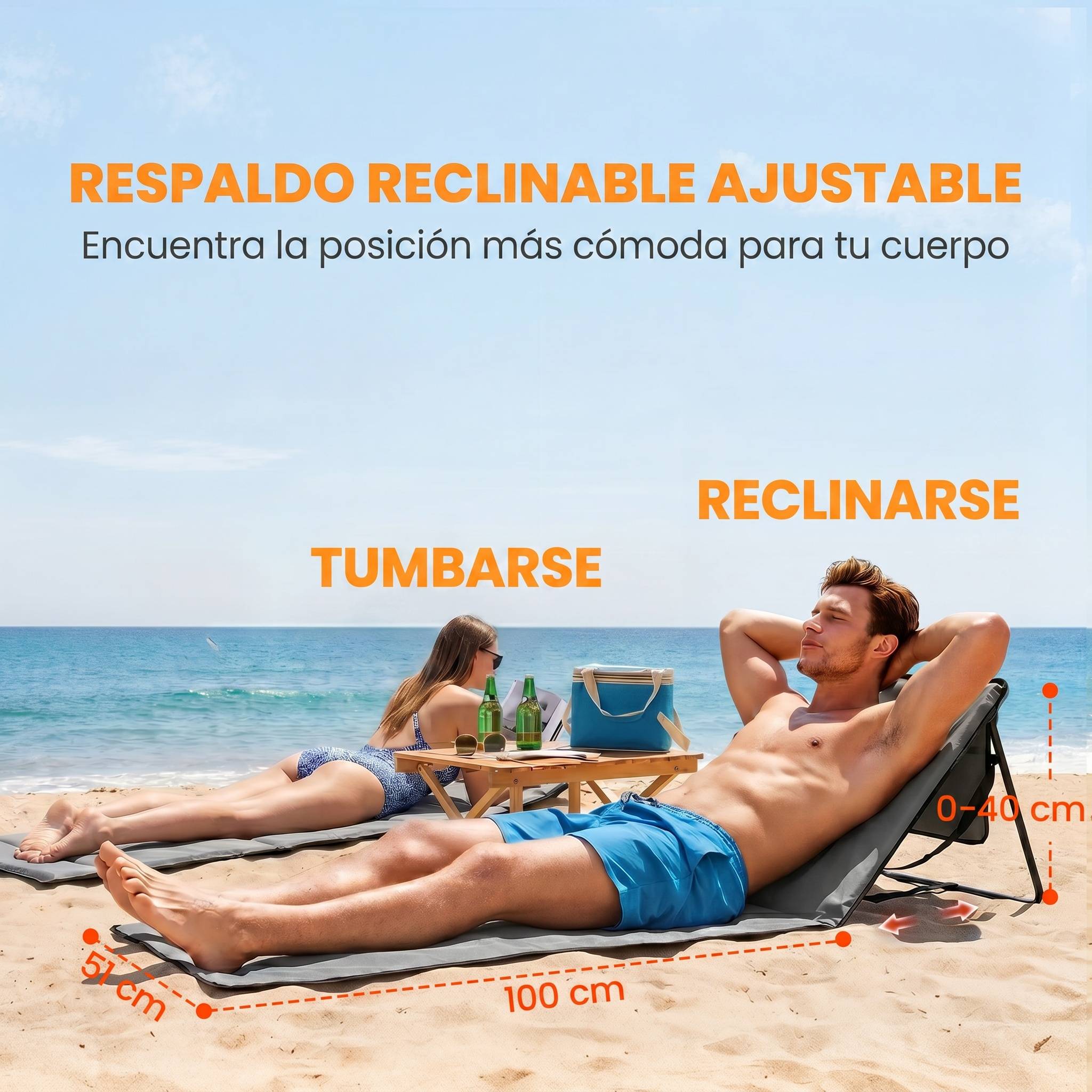 Lot de 2 tapis de plage pliables avec dossier inclinable et sangle de transport, 142 x 51 x 40 cm, gris - Image 7