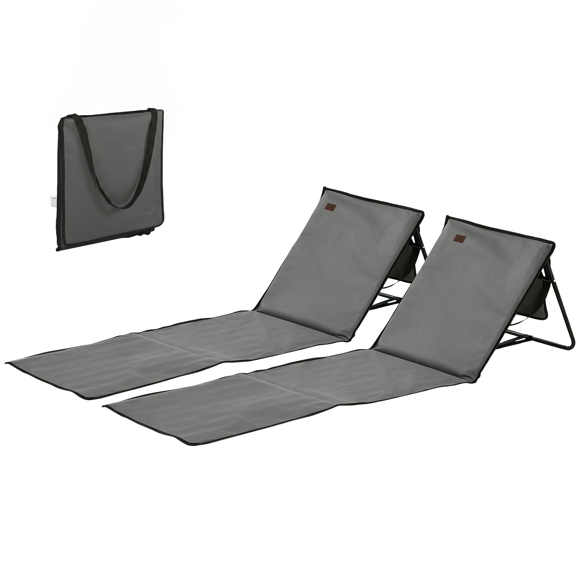 Lot de 2 tapis de plage pliables avec dossier inclinable et sangle de transport, 142 x 51 x 40 cm, gris - Image 2