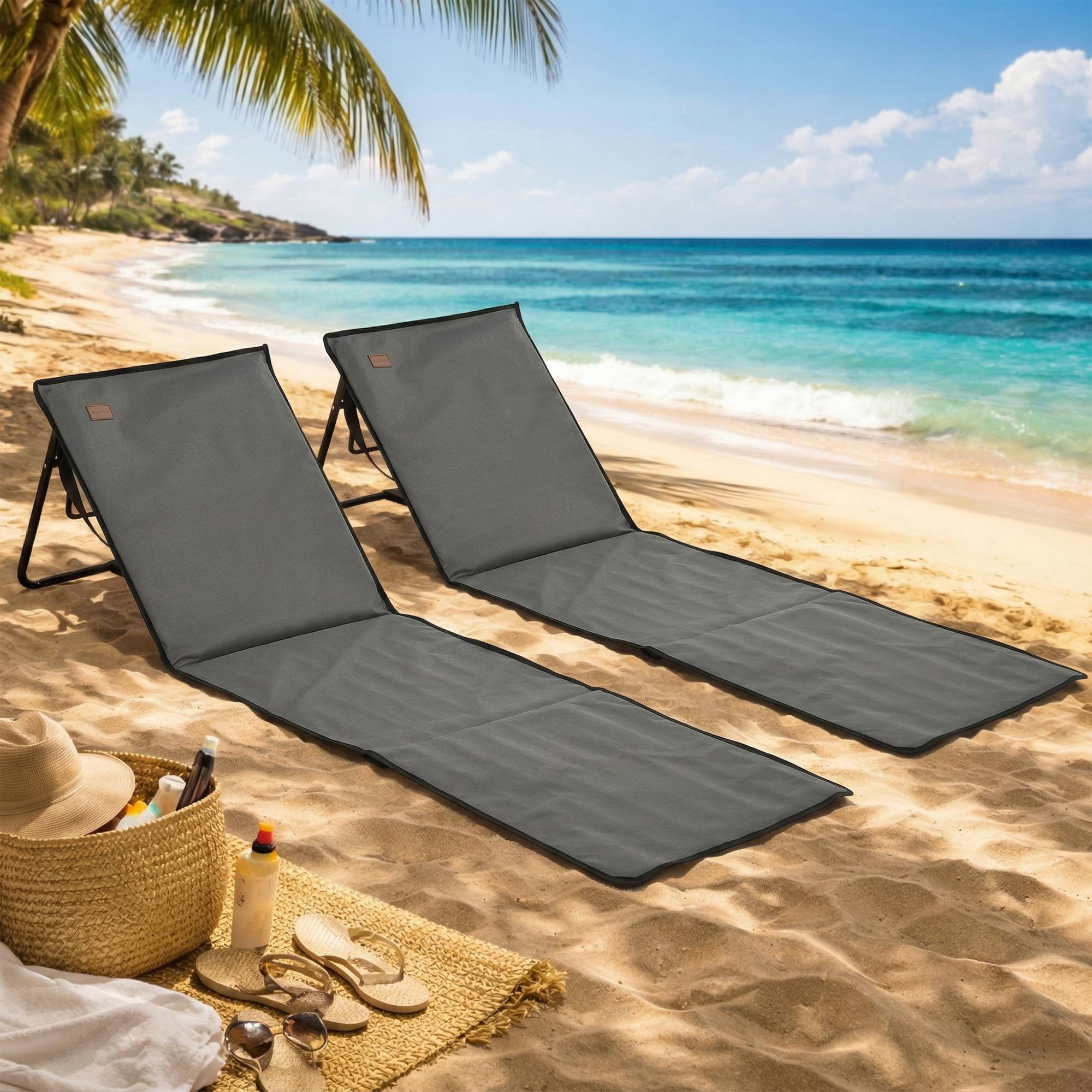Lot de 2 tapis de plage pliables avec dossier inclinable et sangle de transport, 142 x 51 x 40 cm, gris - Image 3