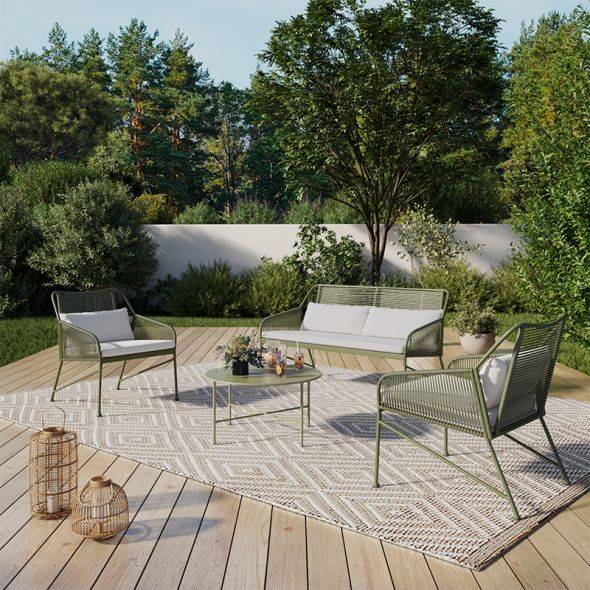 Salon de jardin ANA 4 places en acier KAKI coussins gris clair Beau Rivage - Image 2