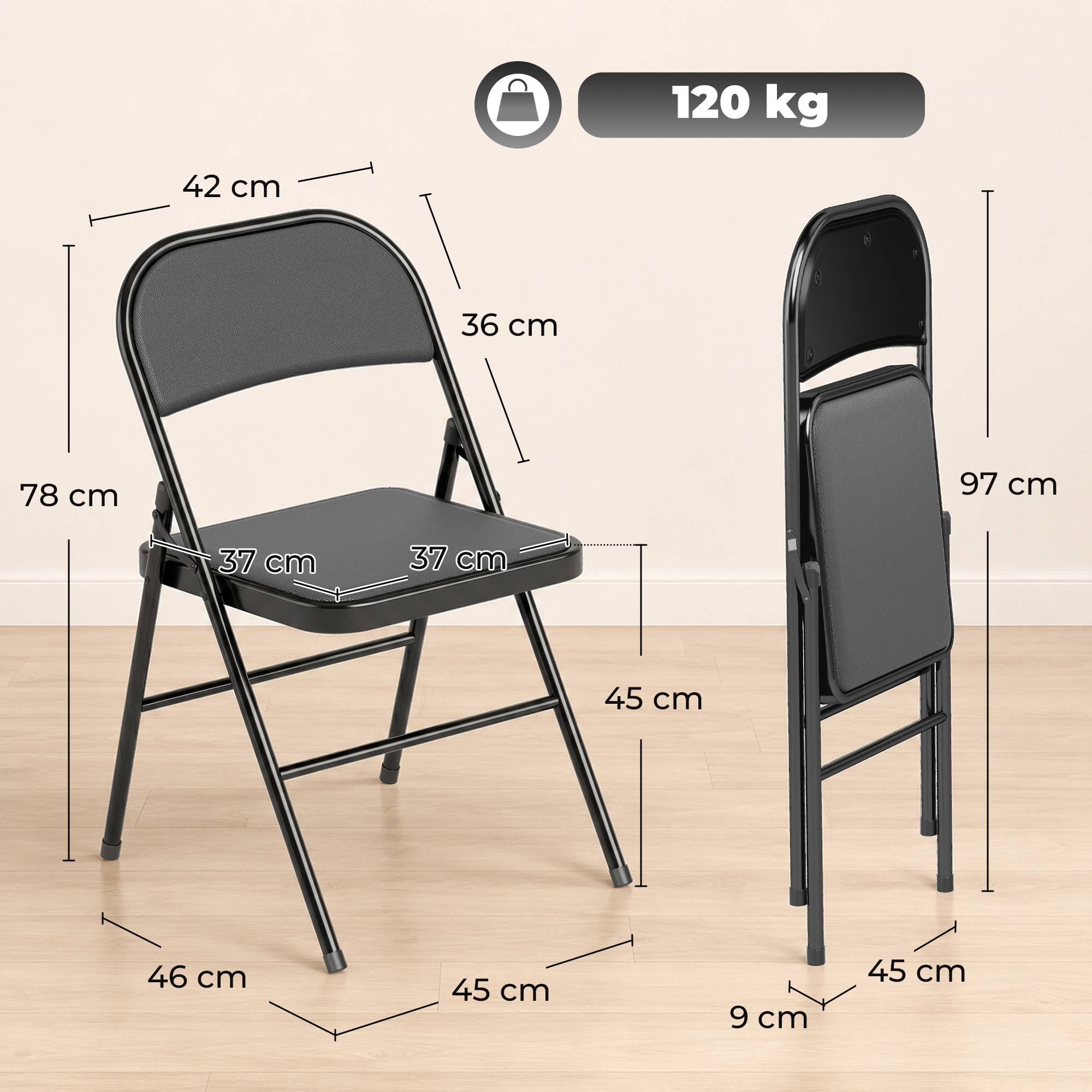 Lot de 4 chaises pliantes de bureau portables, pieds en métal, revêtement similicuir noir, réception et salle d’attente - Image 5