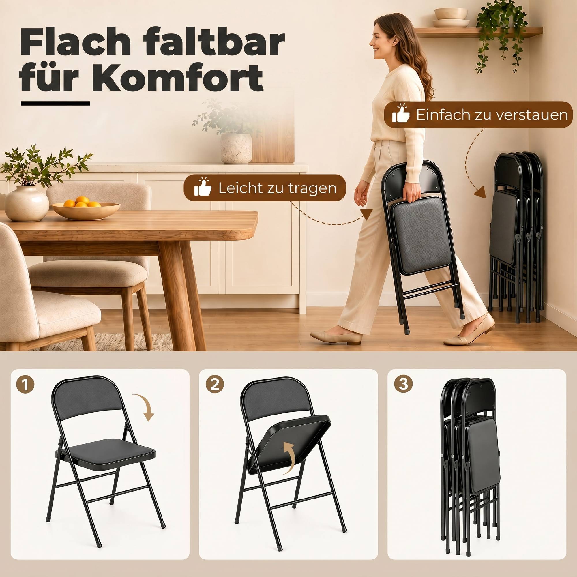 Lot de 4 chaises pliantes de bureau portables, pieds en métal, revêtement similicuir noir, réception et salle d’attente - Image 8