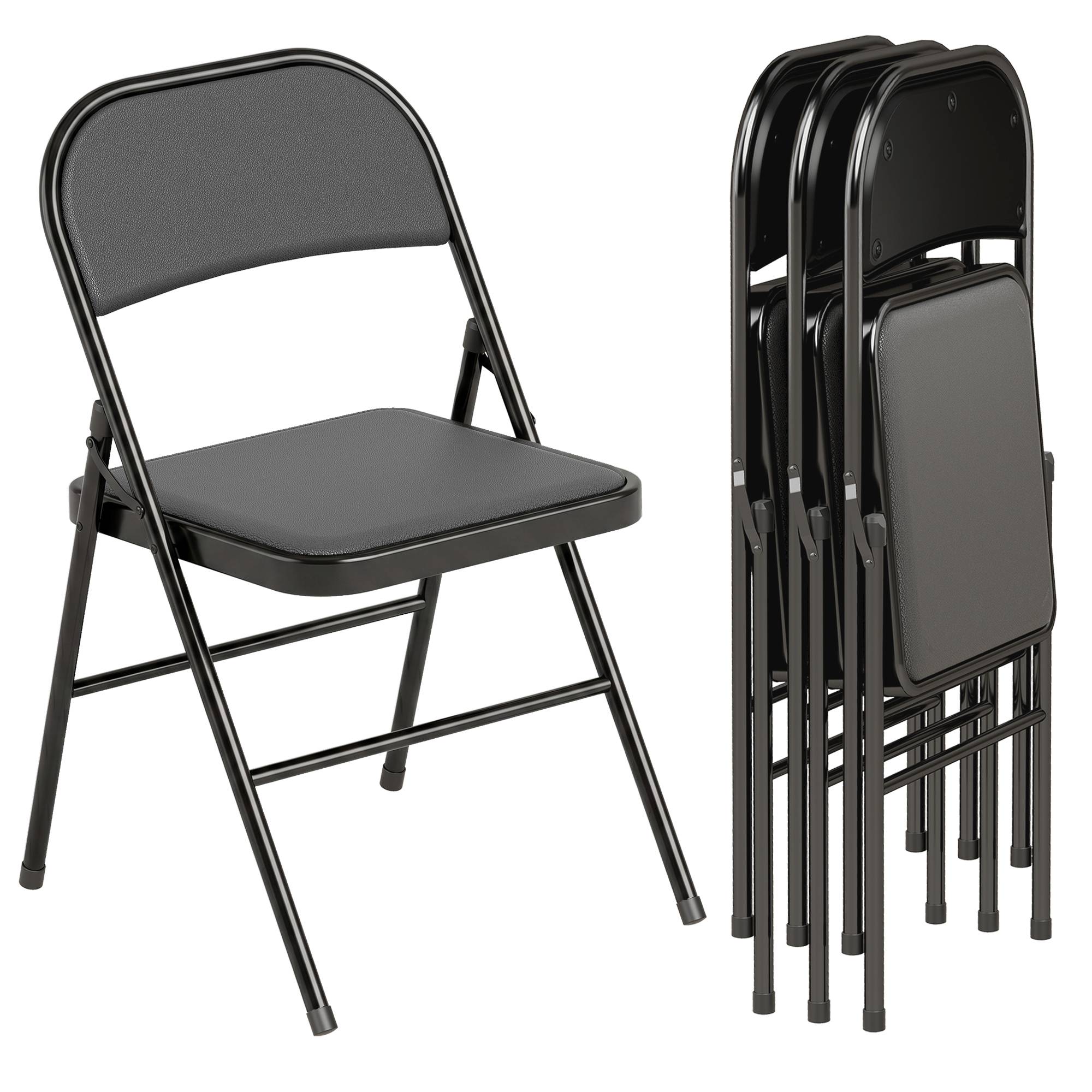 Lot de 4 chaises pliantes de bureau portables, pieds en métal, revêtement similicuir noir, réception et salle d’attente - Image 1