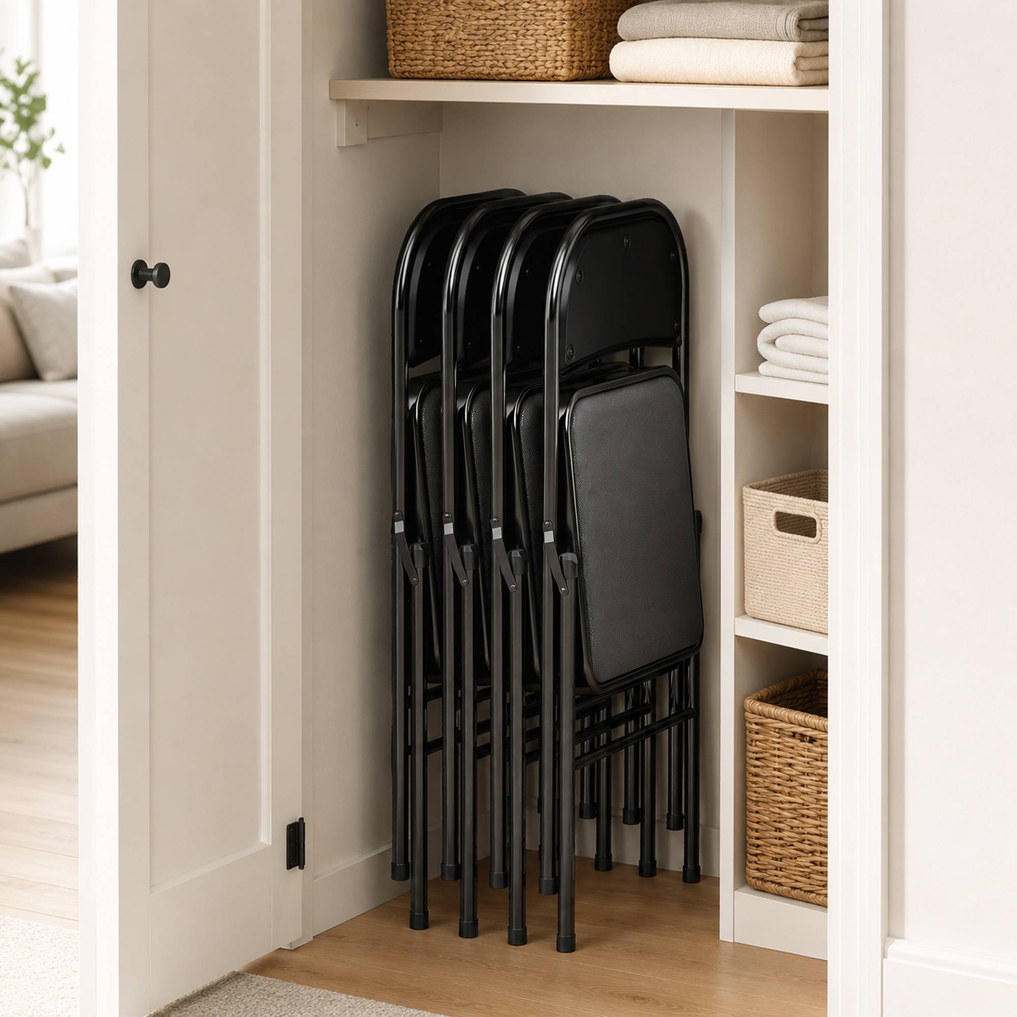 Lot de 4 chaises pliantes de bureau portables, pieds en métal, revêtement similicuir noir, réception et salle d’attente - Image 10