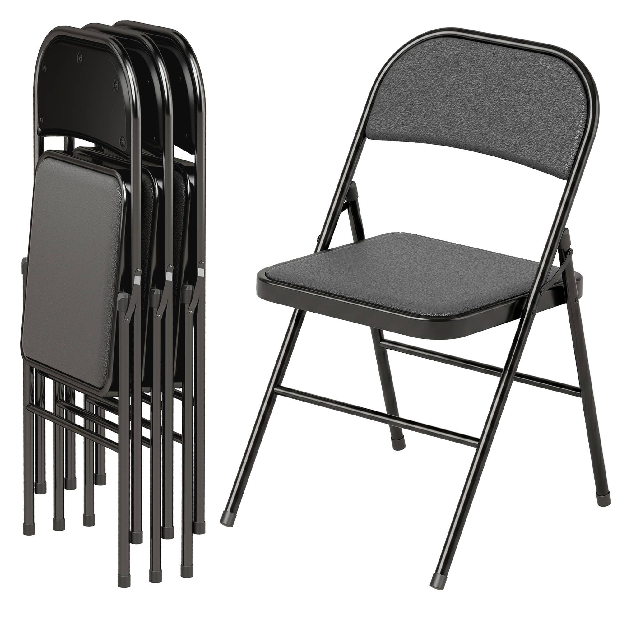 Lot de 4 chaises pliantes de bureau portables, pieds en métal, revêtement similicuir noir, réception et salle d’attente - Image 2