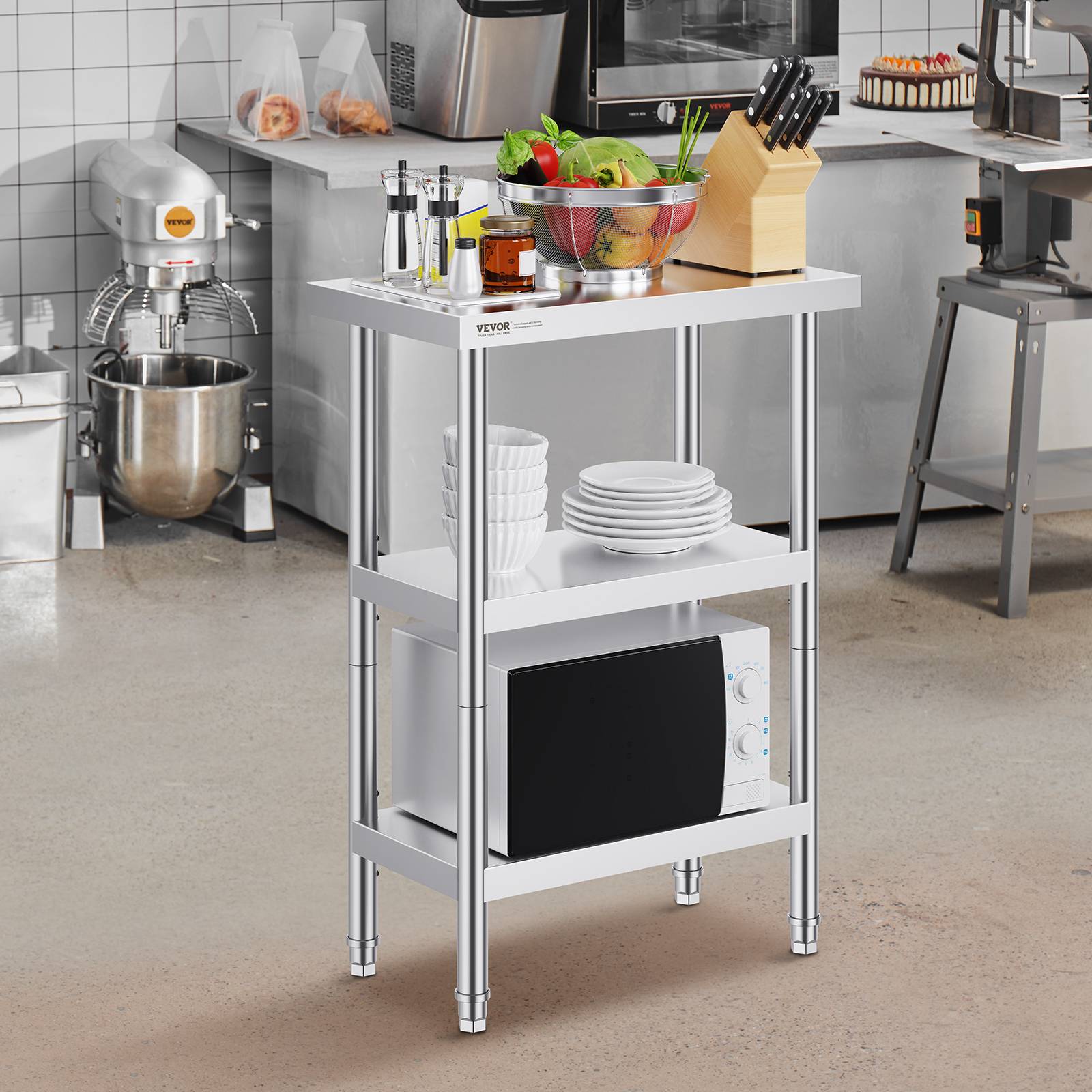VEVOR Station préparation inox 14"x24"x34". Pour cuisines commerciales, 2 étagères flexibles. Barbecue, domicile. - Image 8