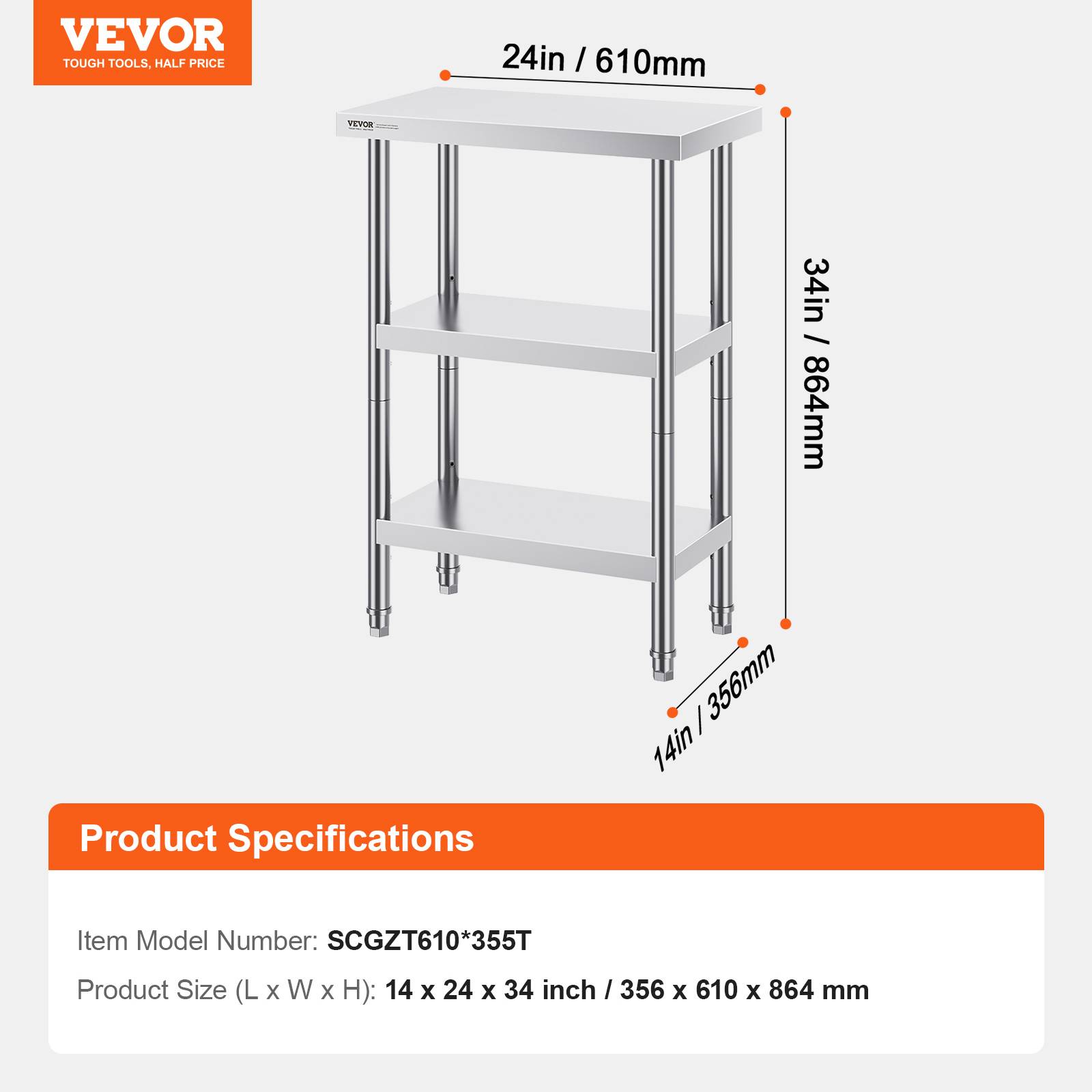 VEVOR Station préparation inox 14"x24"x34". Pour cuisines commerciales, 2 étagères flexibles. Barbecue, domicile. - Image 7