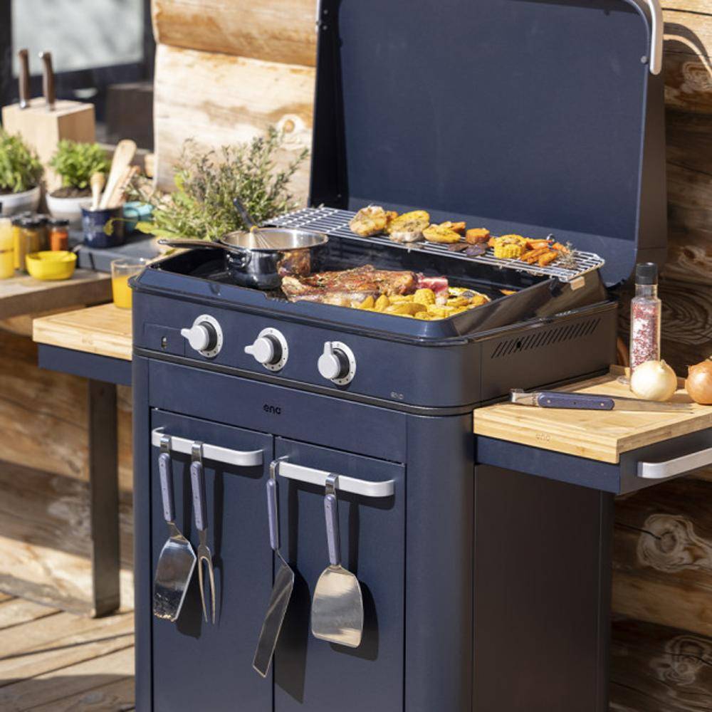 Eno - Plancha gaz fonte émaillée Eno 80 Enosign blue navy 3 brûleurs 70 x 40 - Imagen 1