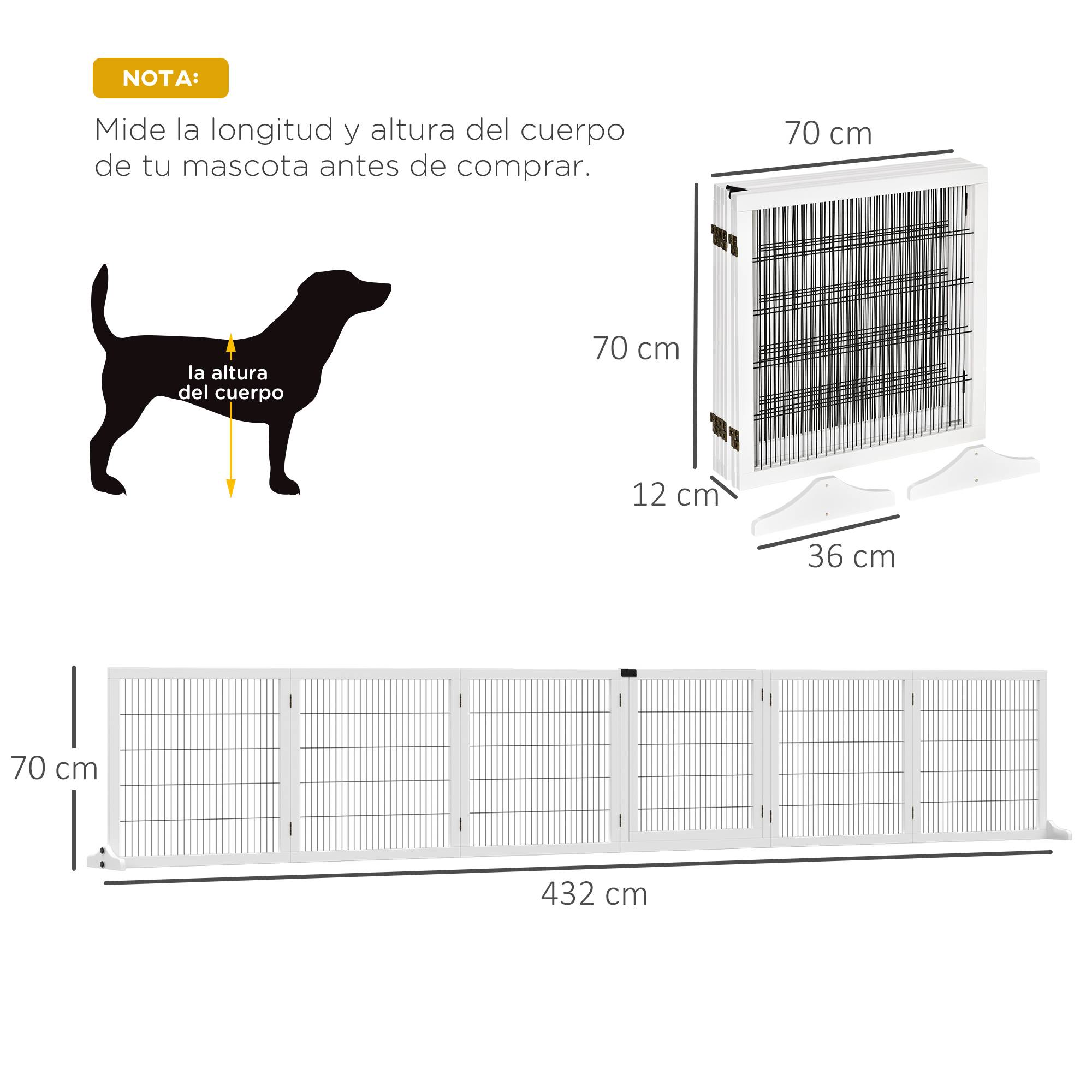 Barrière de sécurité pliante en bois pour chiens, pour escaliers et portes, avec support, 432 x 36 x 70 cm, blanche - Image 5