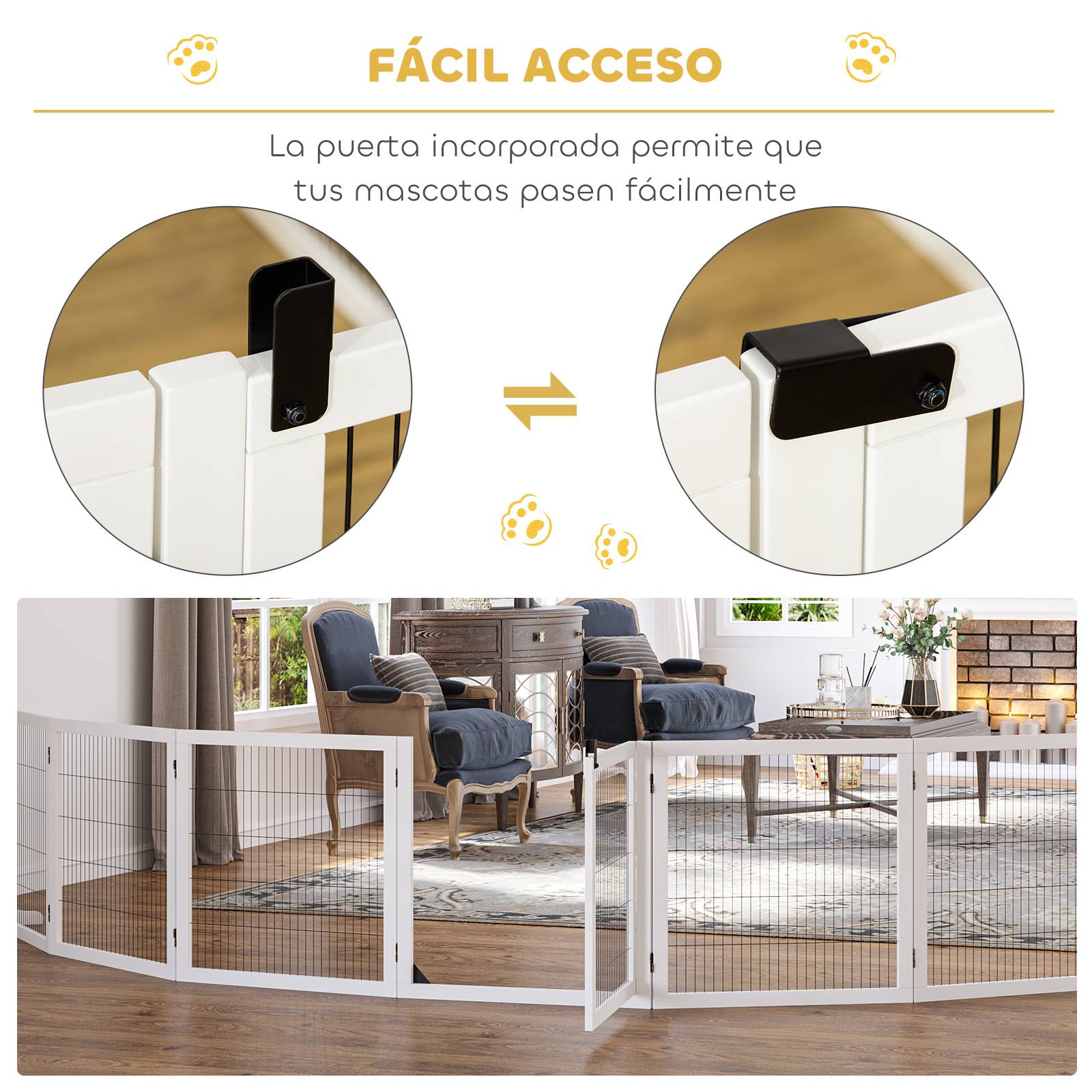 Barrière de sécurité pliante en bois pour chiens, pour escaliers et portes, avec support, 432 x 36 x 70 cm, blanche - Image 6
