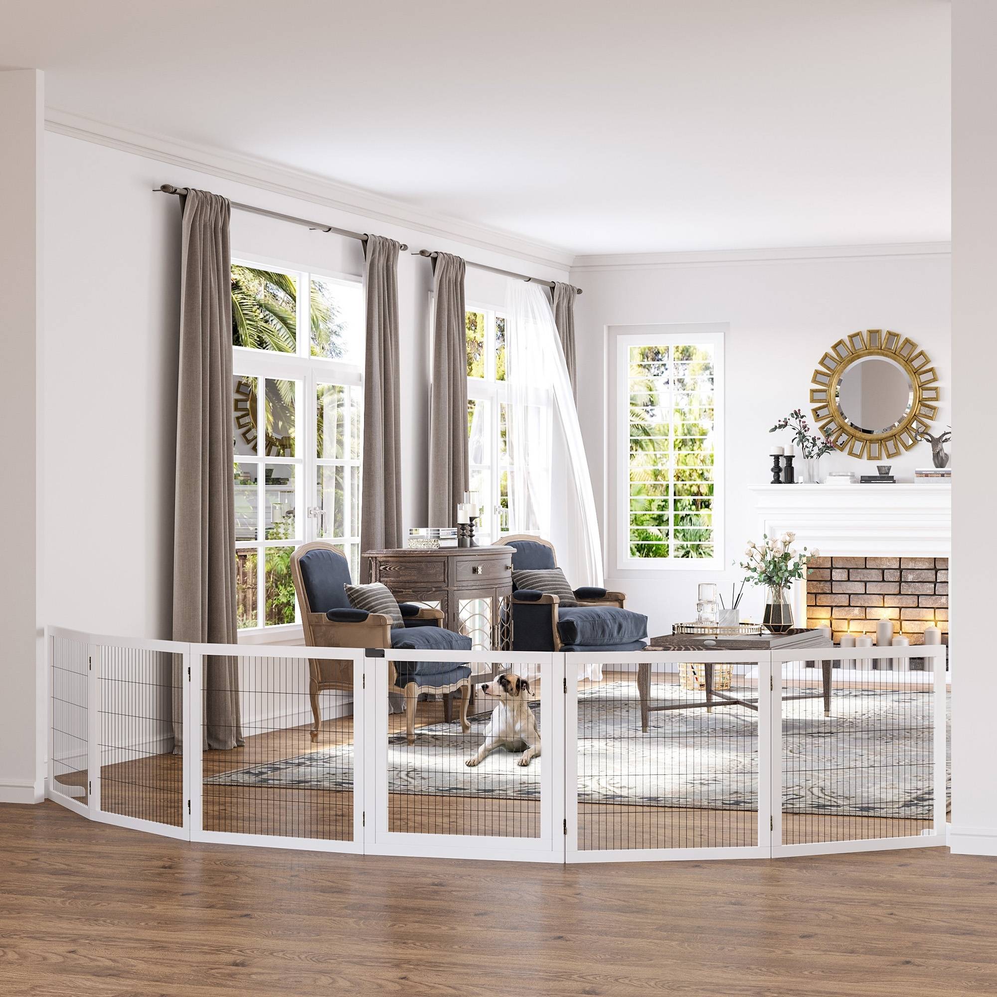 Barrière de sécurité pliante en bois pour chiens, pour escaliers et portes, avec support, 432 x 36 x 70 cm, blanche - Image 3