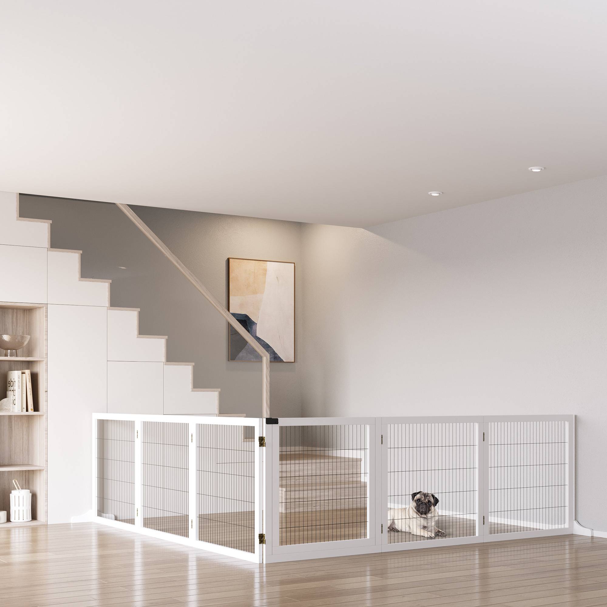 Barrière de sécurité pliante en bois pour chiens, pour escaliers et portes, avec support, 432 x 36 x 70 cm, blanche - Image 4