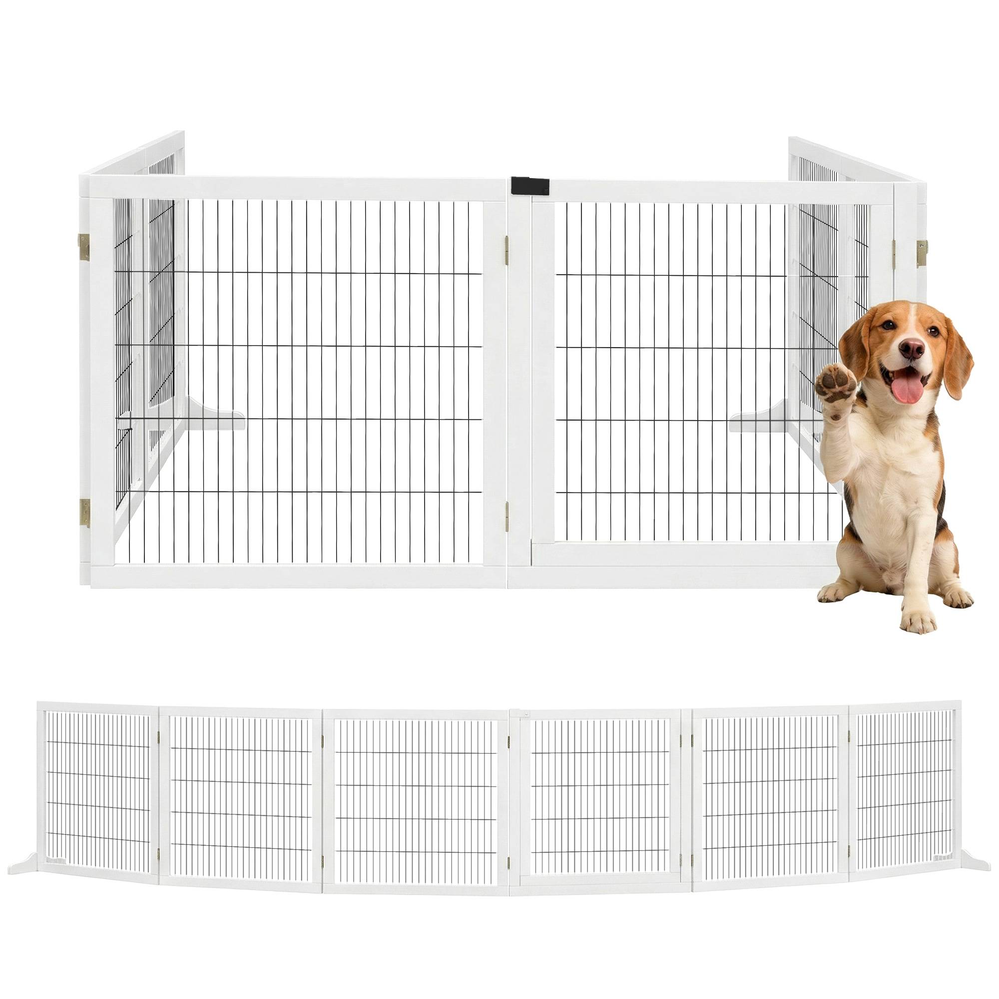 Barrière de sécurité pliante en bois pour chiens, pour escaliers et portes, avec support, 432 x 36 x 70 cm, blanche - Image 1