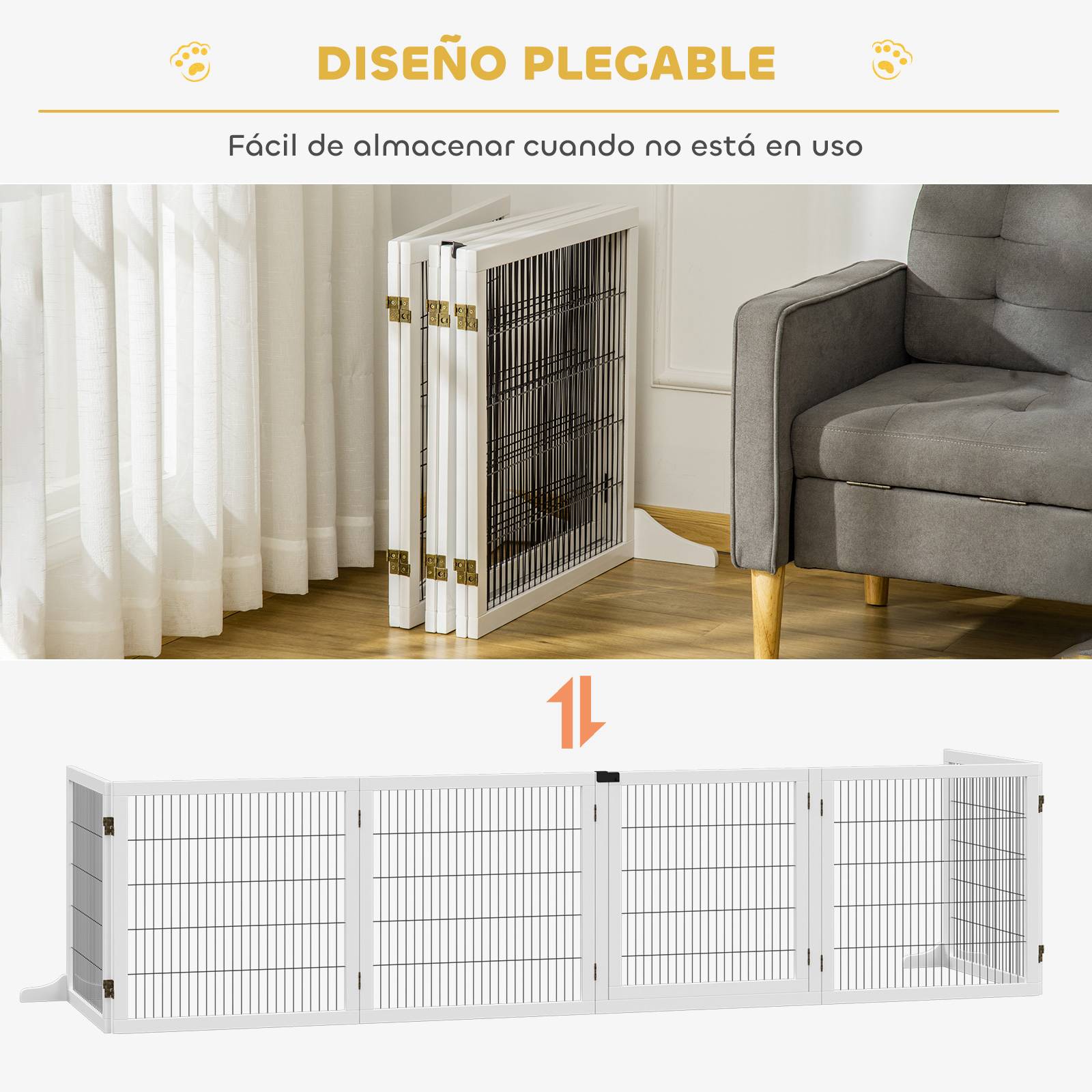 Barrière de sécurité pliante en bois pour chiens, pour escaliers et portes, avec support, 432 x 36 x 70 cm, blanche - Image 8