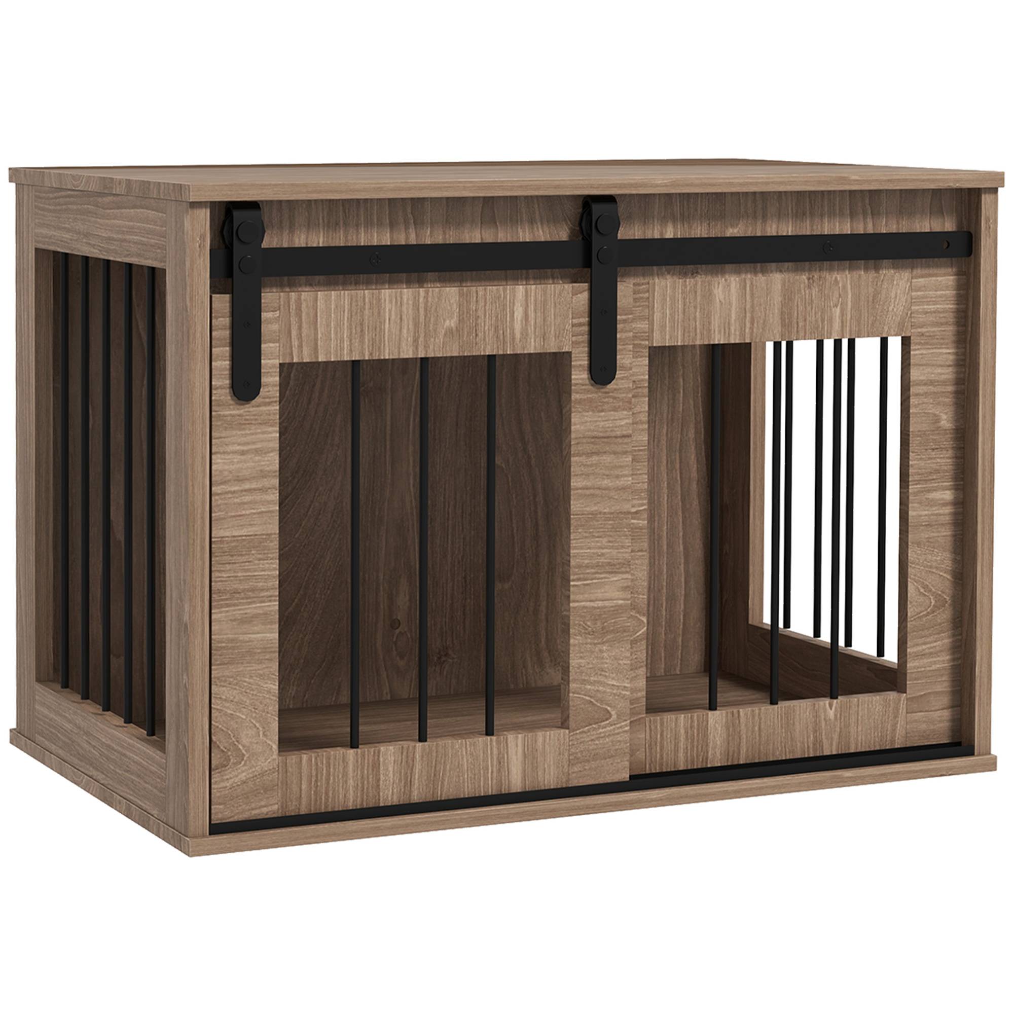 Cage d'intérieur 2 en 1 acier et bois pour chiens avec porte coulissante 80x54cm Marron - ComfortXL Outdoor Living - Image 1