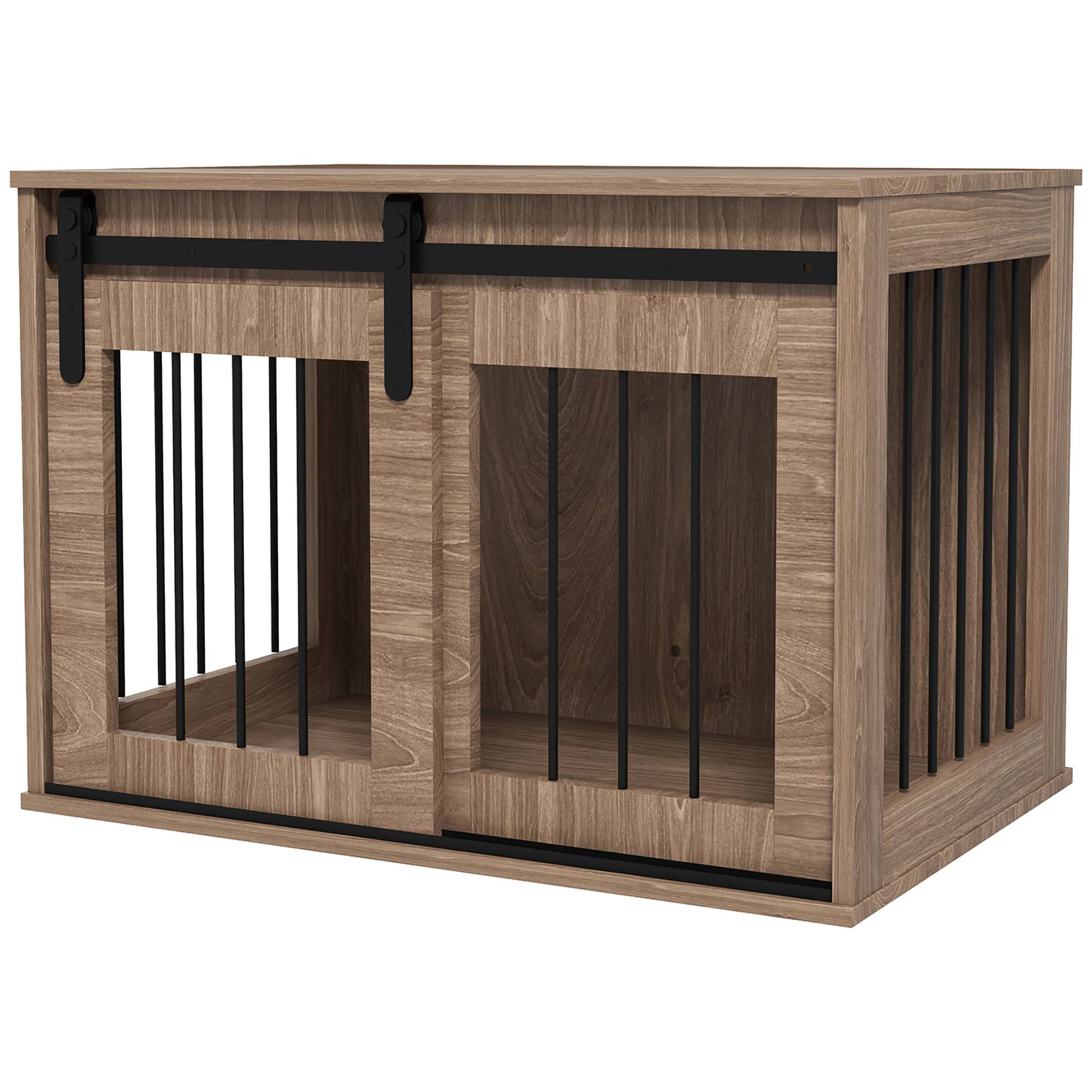 Cage d'intérieur 2 en 1 acier et bois pour chiens avec porte coulissante 80x54cm Marron - ComfortXL Outdoor Living - Image 2