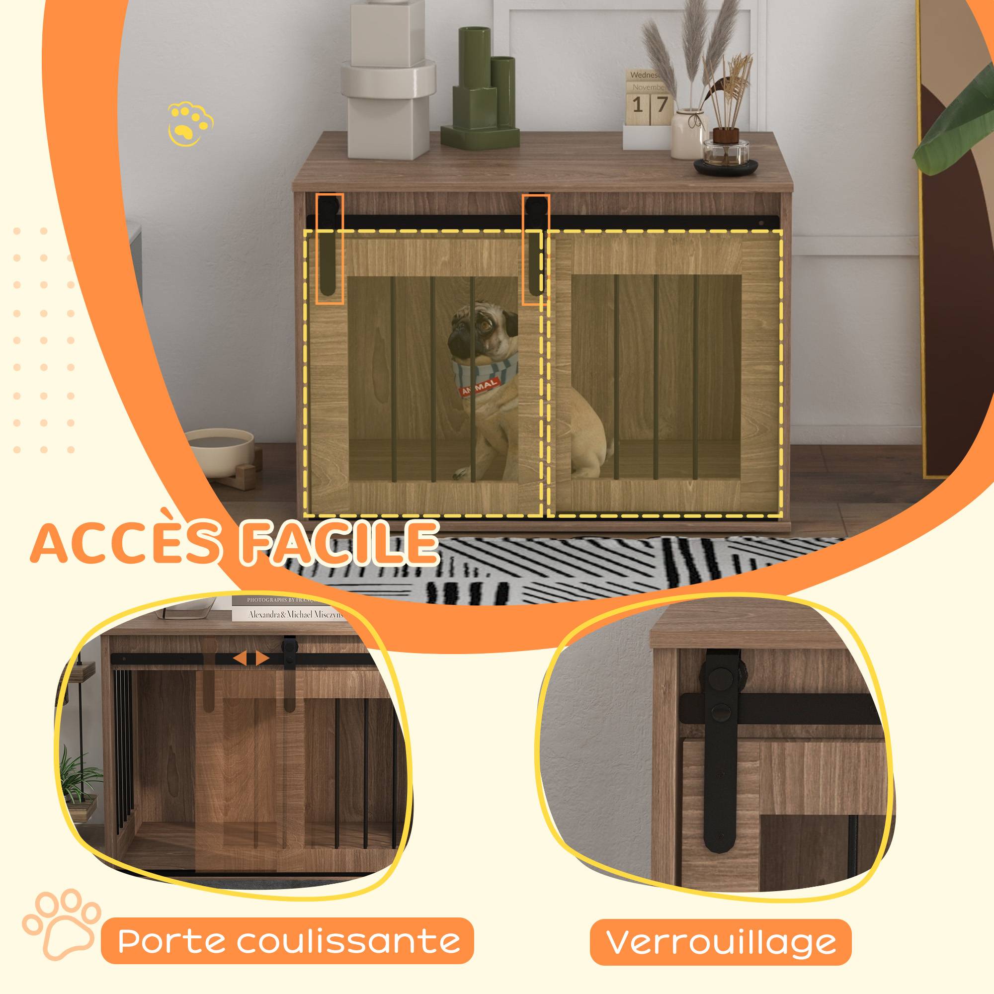 Cage d'intérieur 2 en 1 acier et bois pour chiens avec porte coulissante 80x54cm Marron - ComfortXL Outdoor Living - Image 8