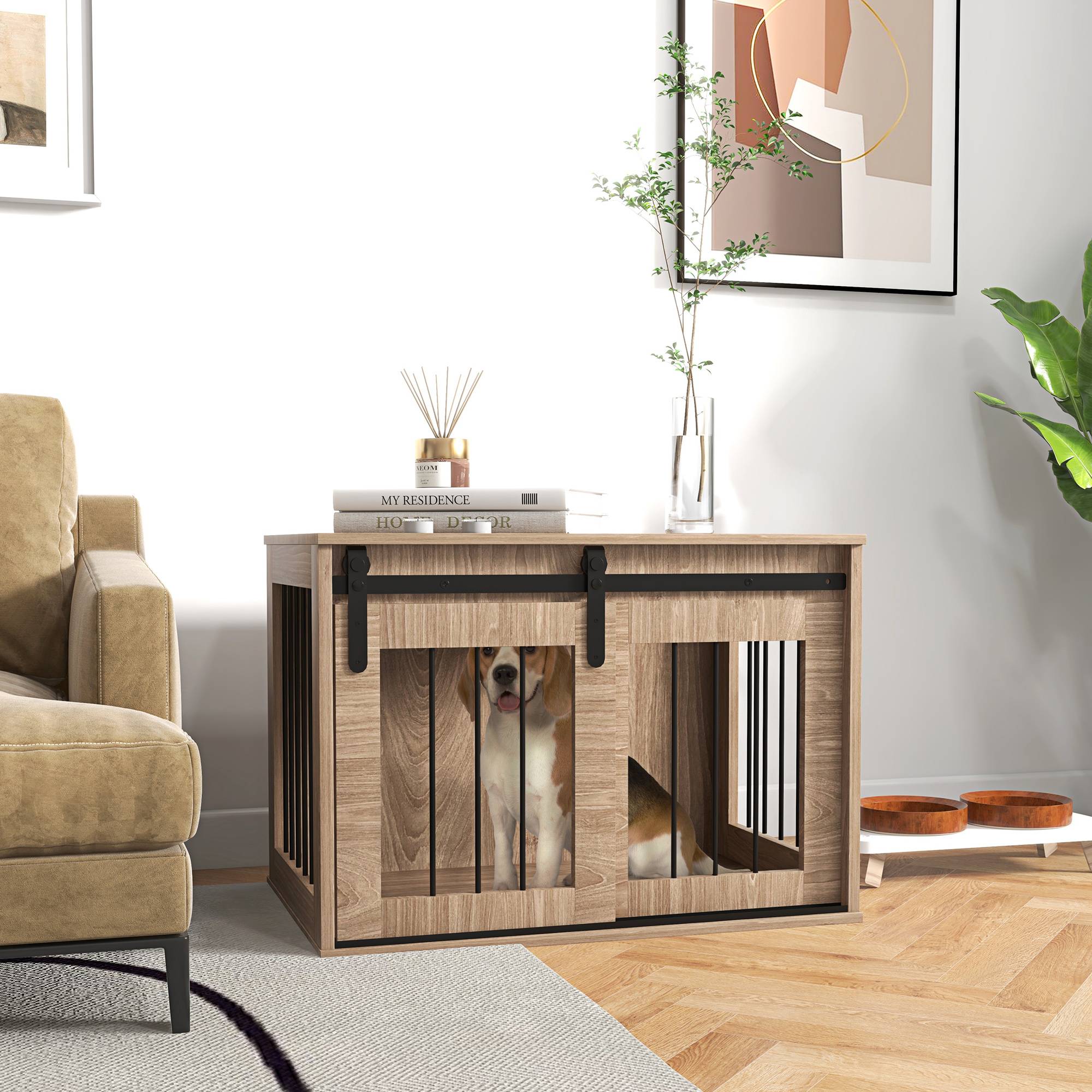 Cage d'intérieur 2 en 1 acier et bois pour chiens avec porte coulissante 80x54cm Marron - ComfortXL Outdoor Living - Image 3