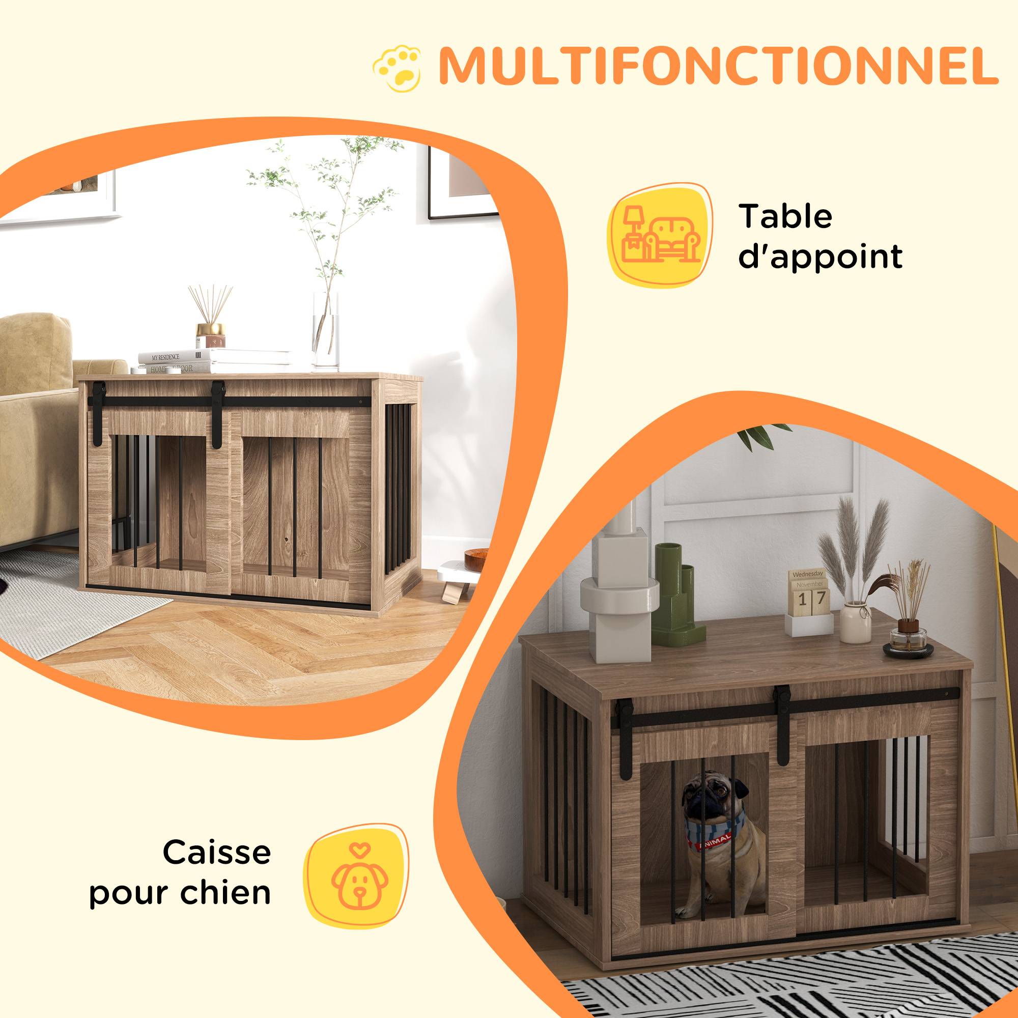 Cage d'intérieur 2 en 1 acier et bois pour chiens avec porte coulissante 80x54cm Marron - ComfortXL Outdoor Living - Image 7