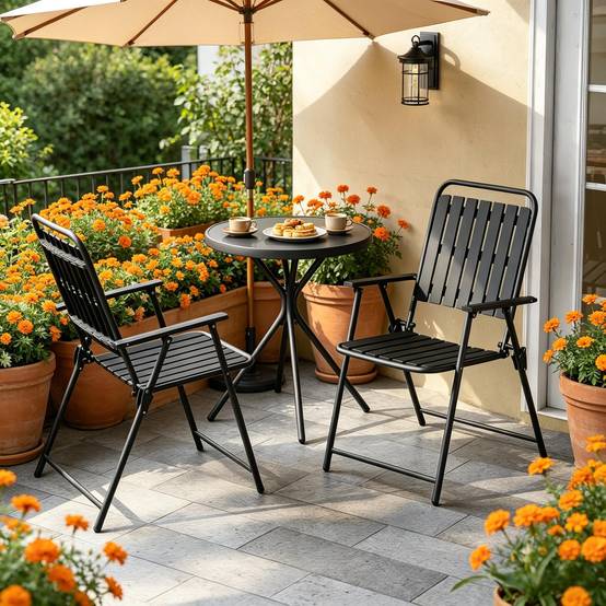 Table ronde + 2 chaises noires – pliantes, stylées, prêtes à sortir - Image 6