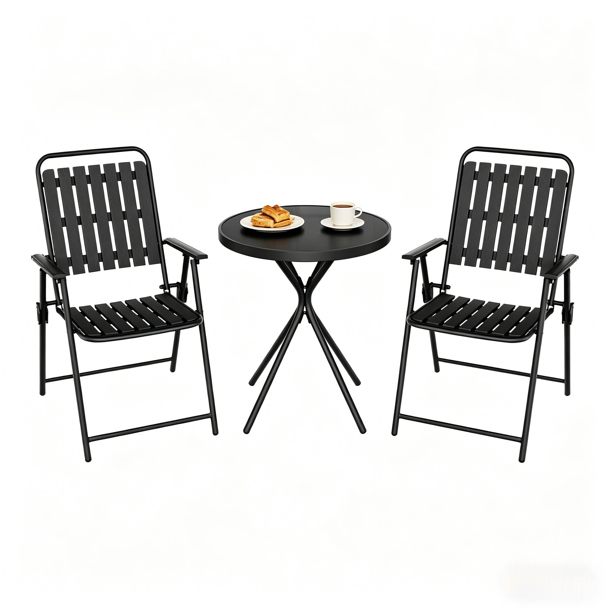 Table ronde + 2 chaises noires – pliantes, stylées, prêtes à sortir - Image 1