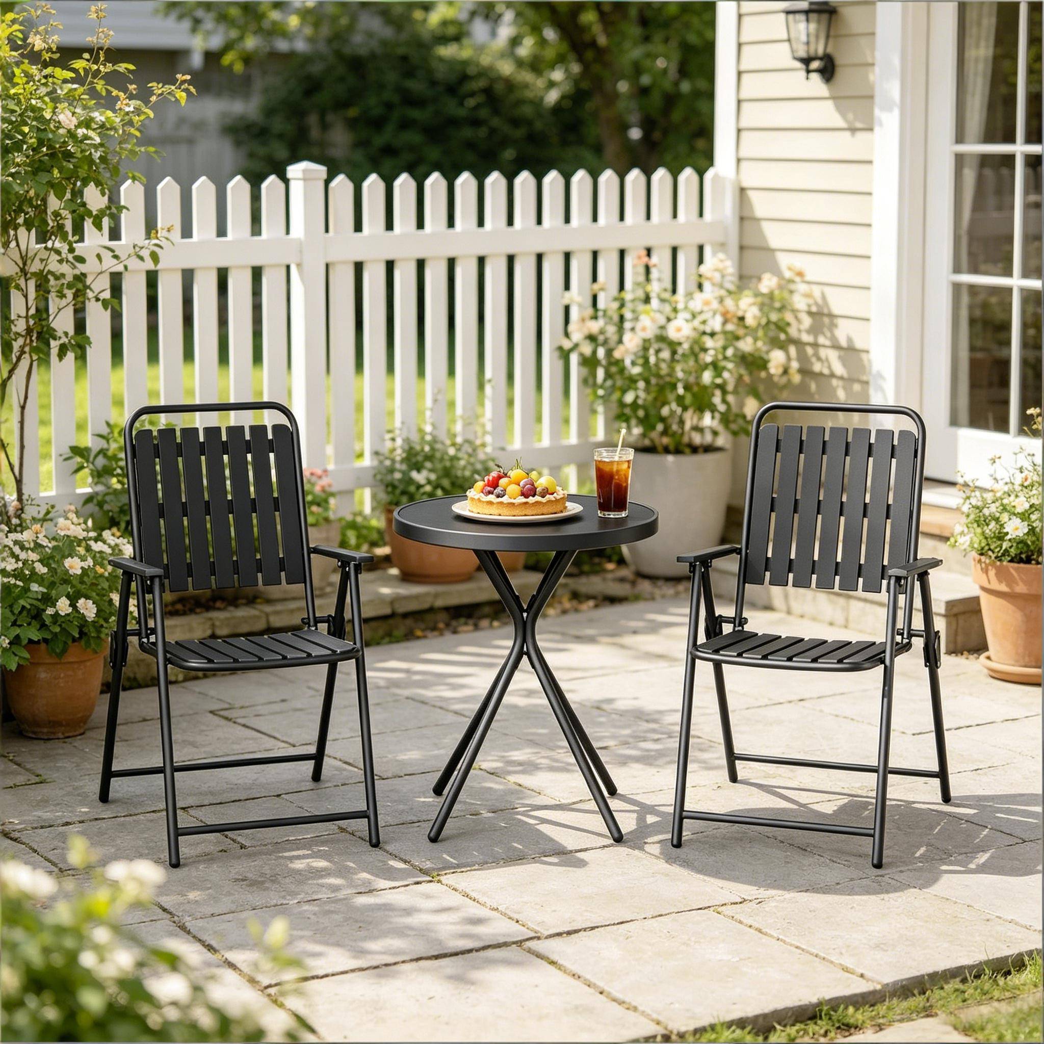 Table ronde + 2 chaises noires – pliantes, stylées, prêtes à sortir - Image 4