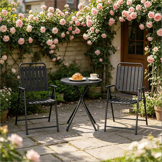 Table ronde + 2 chaises noires – pliantes, stylées, prêtes à sortir - Image 3