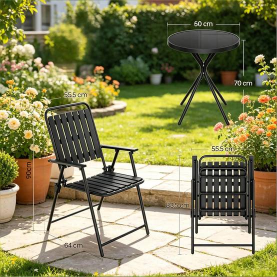 Table ronde + 2 chaises noires – pliantes, stylées, prêtes à sortir - Image 2