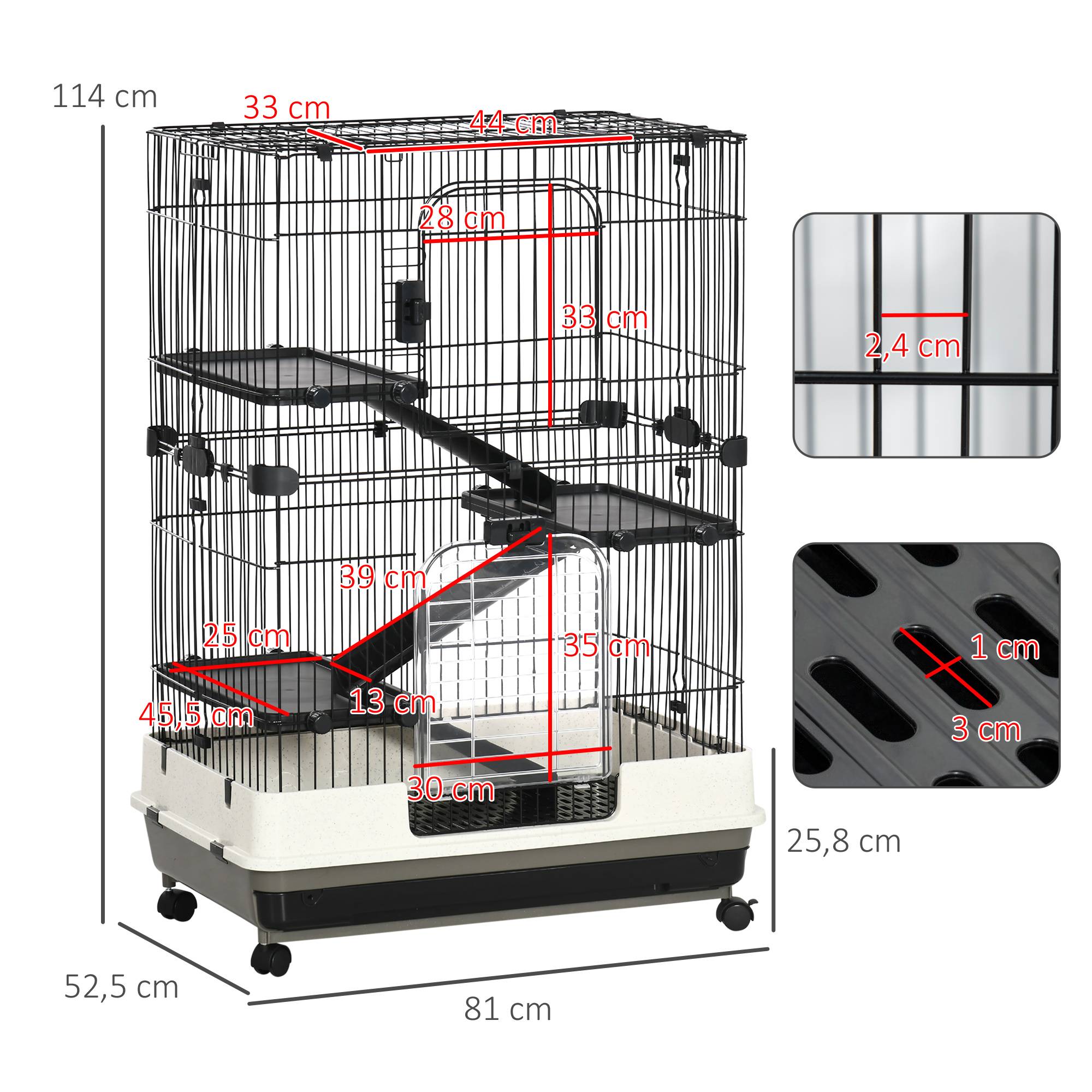 Pawhut - Cage pour rongeur sur roulettes - 3 étages, rampes, 2 portes + trappe, plateau excrément amovible - métal PP noir gris - Imagen 3