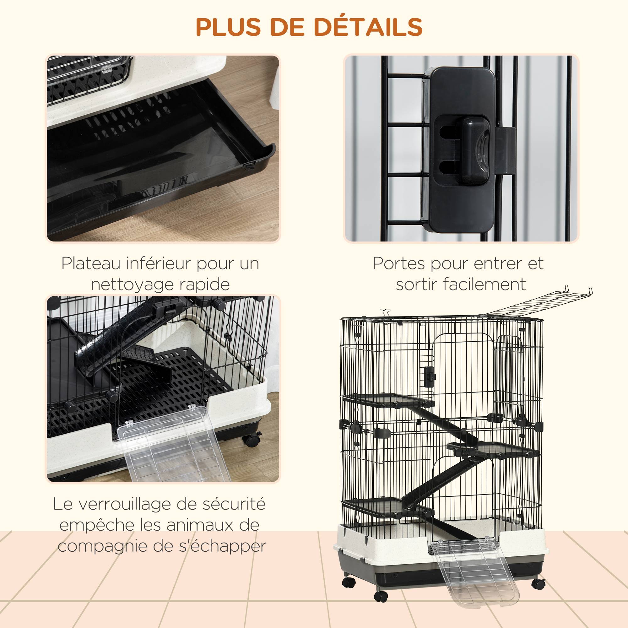 Pawhut - Cage pour rongeur sur roulettes - 3 étages, rampes, 2 portes + trappe, plateau excrément amovible - métal PP noir gris - Imagen 7