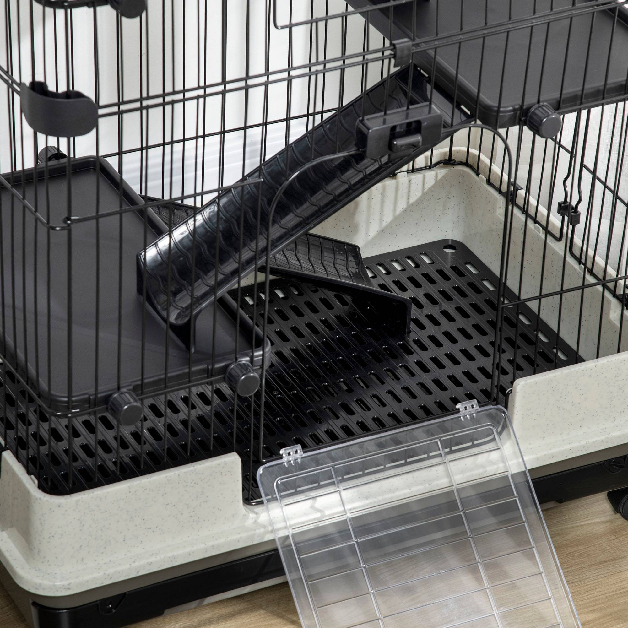 Pawhut - Cage pour rongeur sur roulettes - 3 étages, rampes, 2 portes + trappe, plateau excrément amovible - métal PP noir gris - Imagen 8