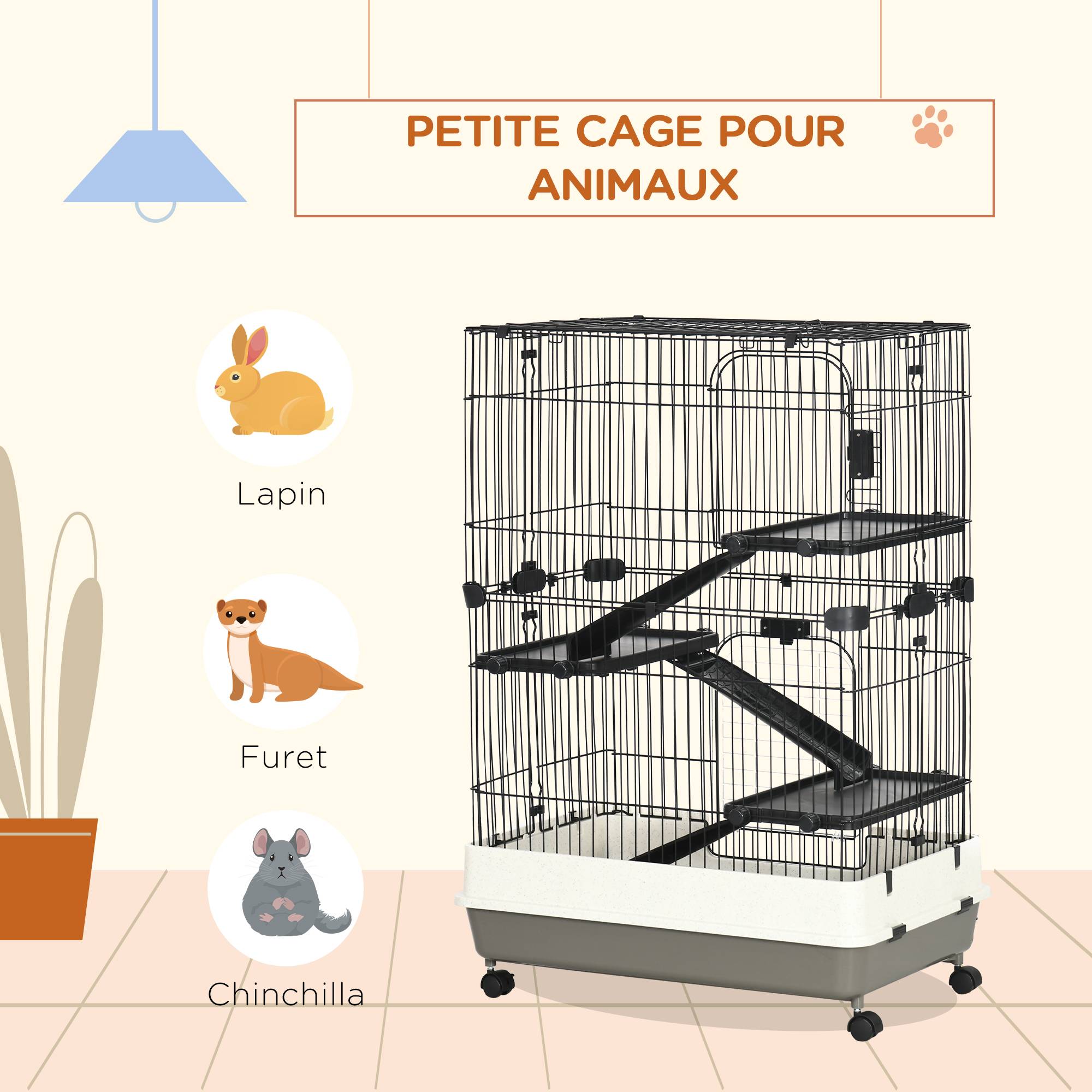 Pawhut - Cage pour rongeur sur roulettes - 3 étages, rampes, 2 portes + trappe, plateau excrément amovible - métal PP noir gris - Imagen 6