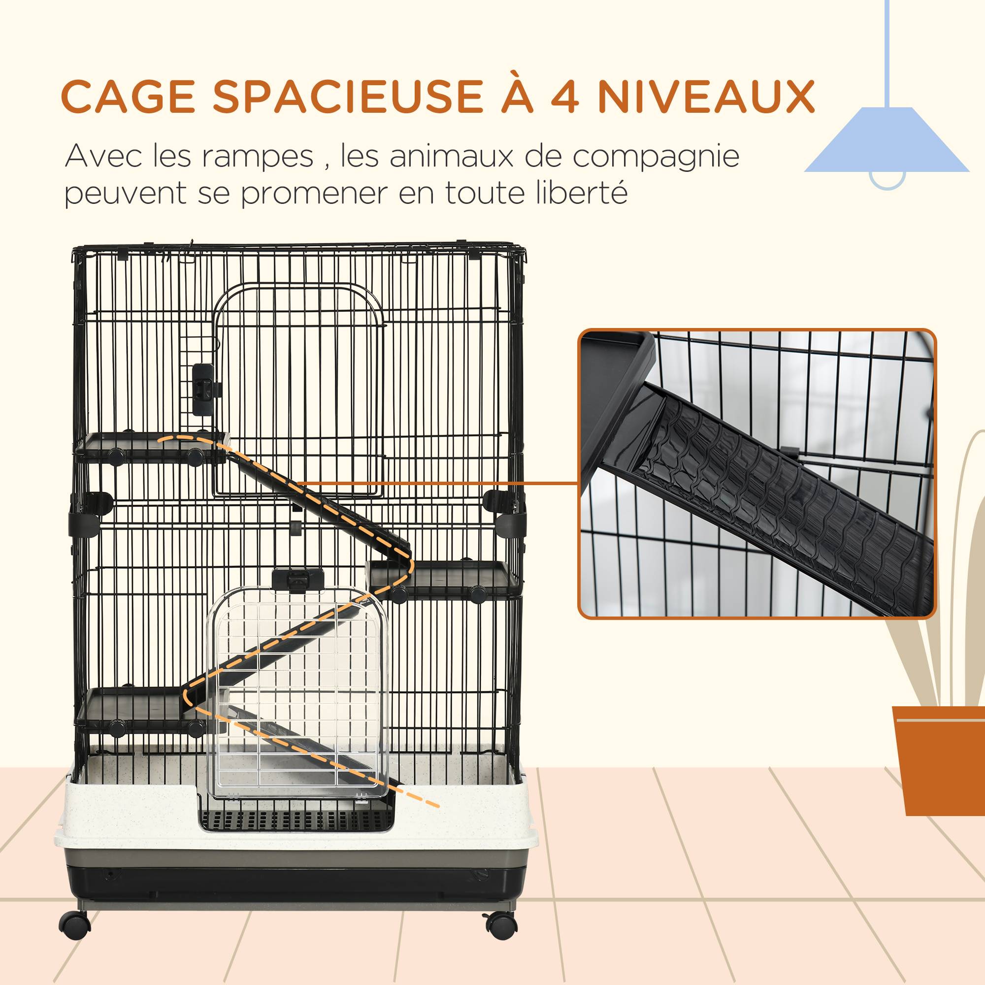 Pawhut - Cage pour rongeur sur roulettes - 3 étages, rampes, 2 portes + trappe, plateau excrément amovible - métal PP noir gris - Imagen 4