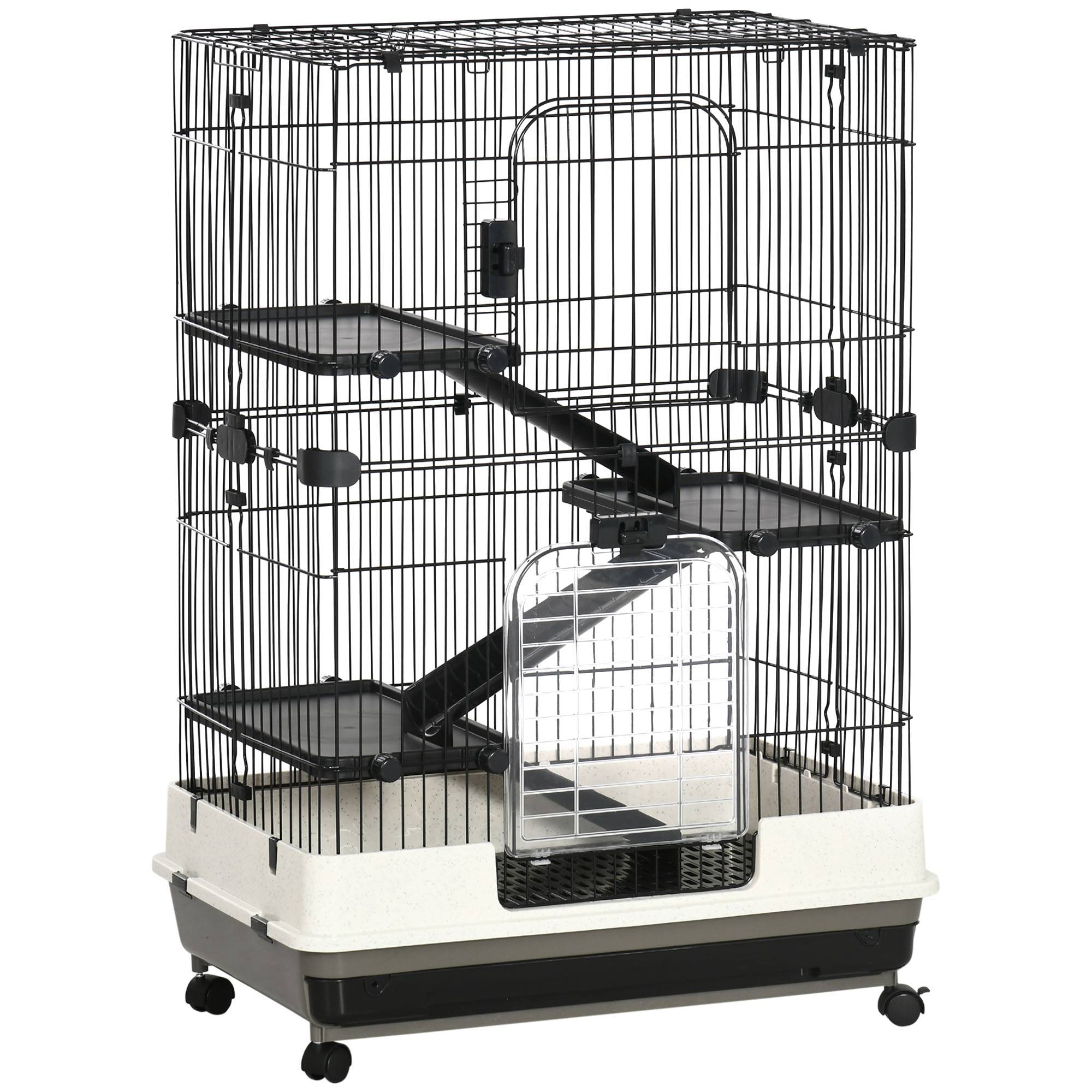 Pawhut - Cage pour rongeur sur roulettes - 3 étages, rampes, 2 portes + trappe, plateau excrément amovible - métal PP noir gris - Imagen 1